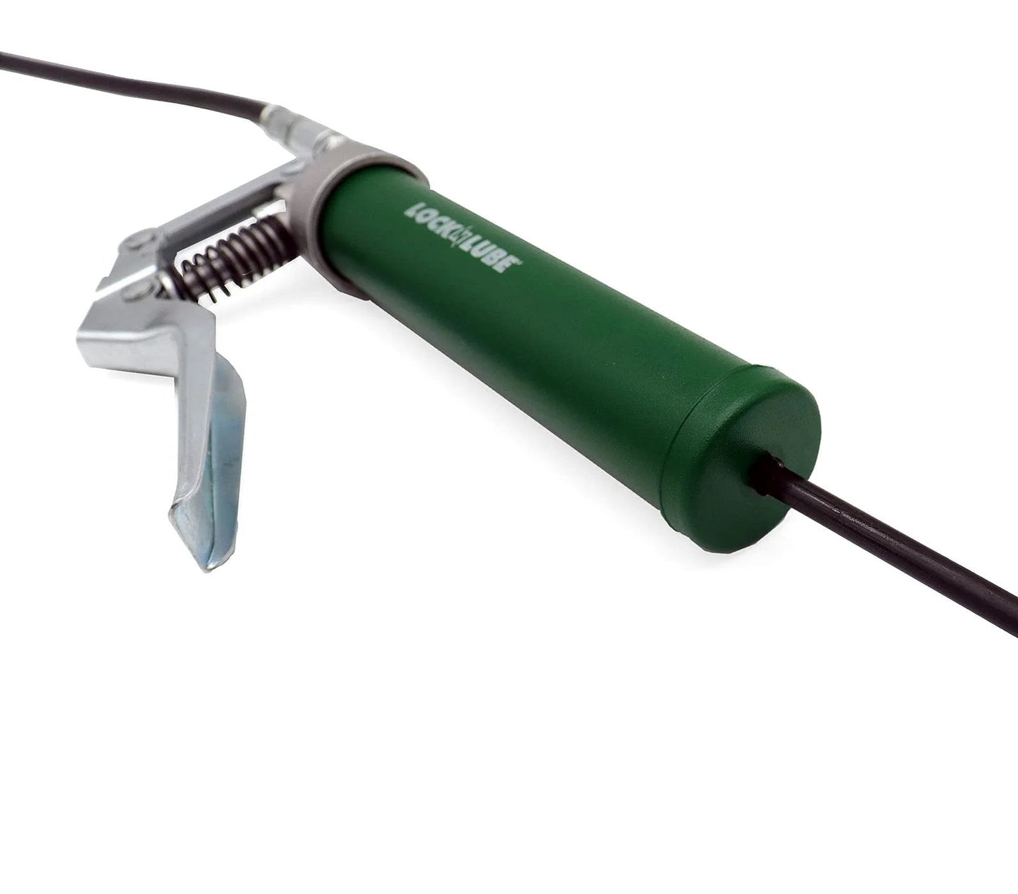 Mini Grease Gun Kit. Includes Our Patented Grease Coupler (Locks on, Stays on, Won't Leak!) Plus a 12 Hose and in-line Hose Swivel.
