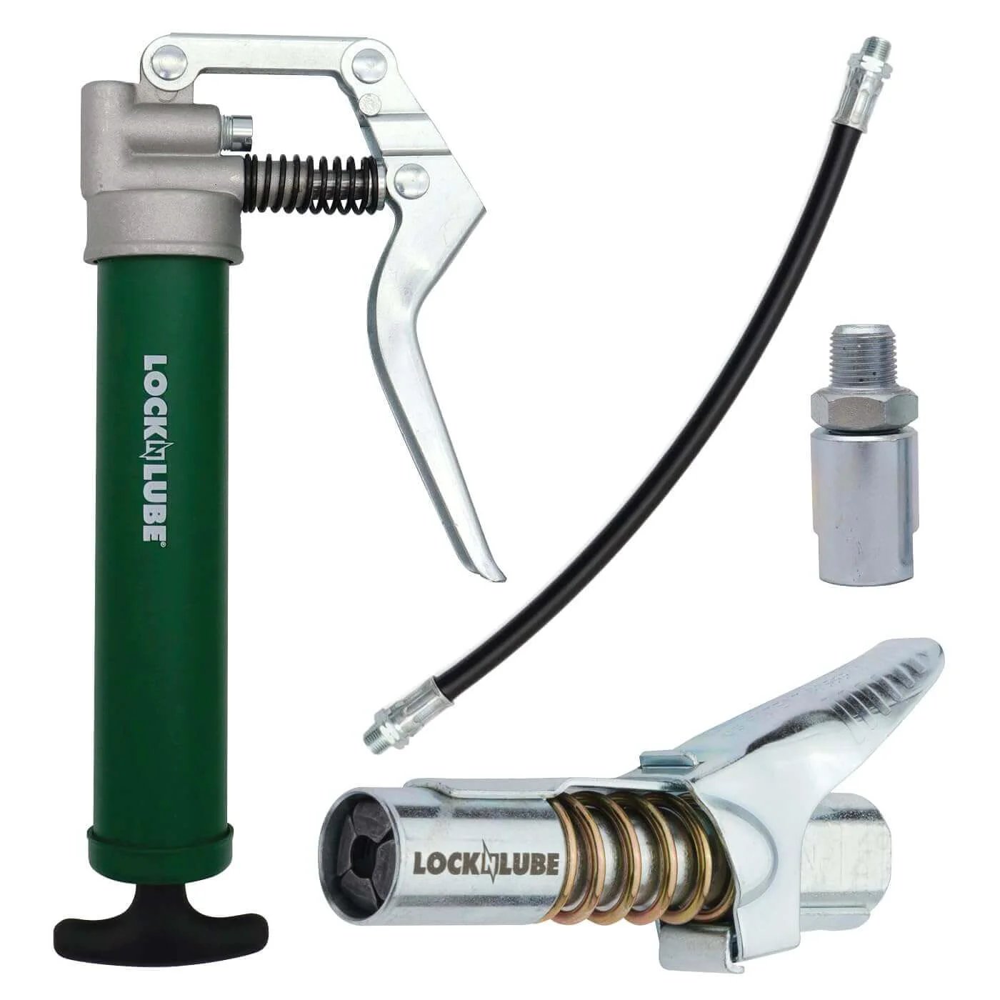 Mini Grease Gun Kit. Includes Our Patented Grease Coupler (Locks on, Stays on, Won't Leak!) Plus a 12 Hose and in-line Hose Swivel.