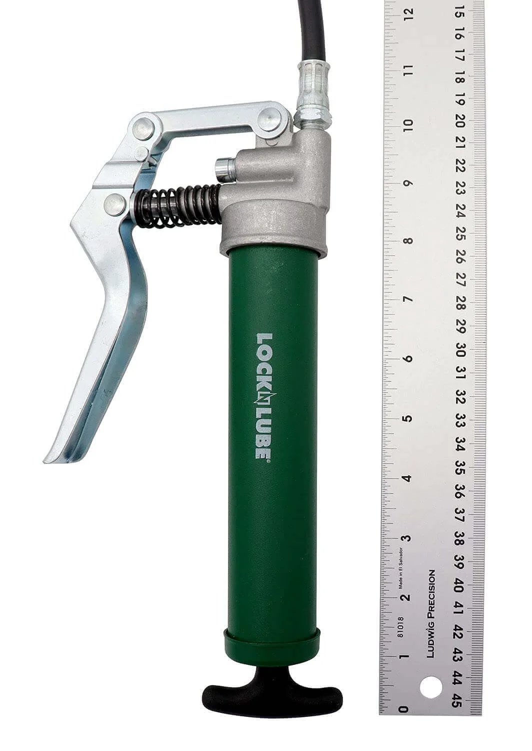 Mini Grease Gun Kit with patented grease coupler, 12-inch hose, in-line hose swivel, and ruler for size reference.