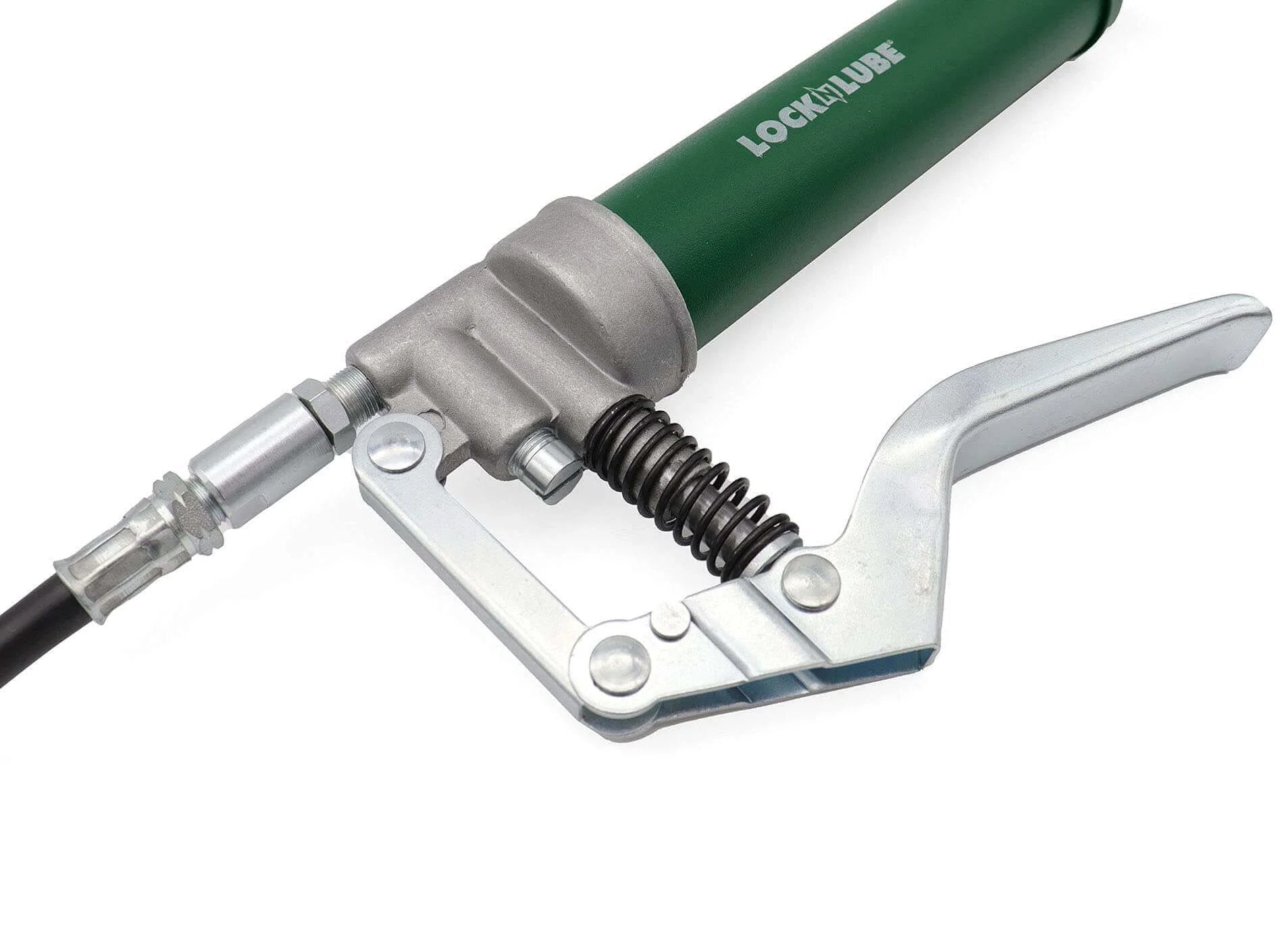 Mini Grease Gun Kit with our patented grease coupler, locks on stays on won't leak, plus 12 hose and in-line hose swivel, side view