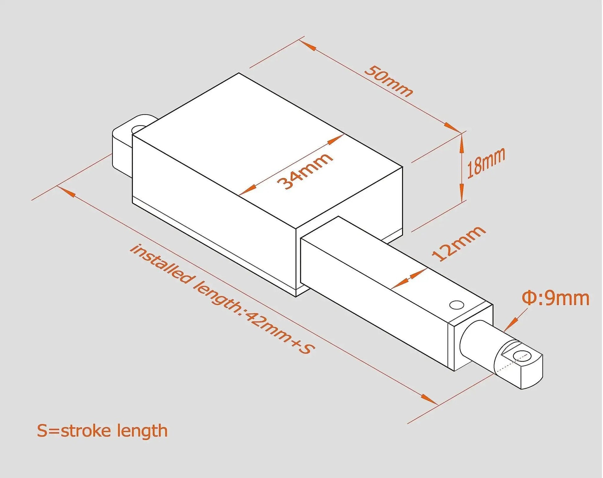 Technical diagram of Mini Linear Actuator With 1.2 Inch Stroke And 22 Lb Thrust For Window Opener DIY Projects showing dimensions.