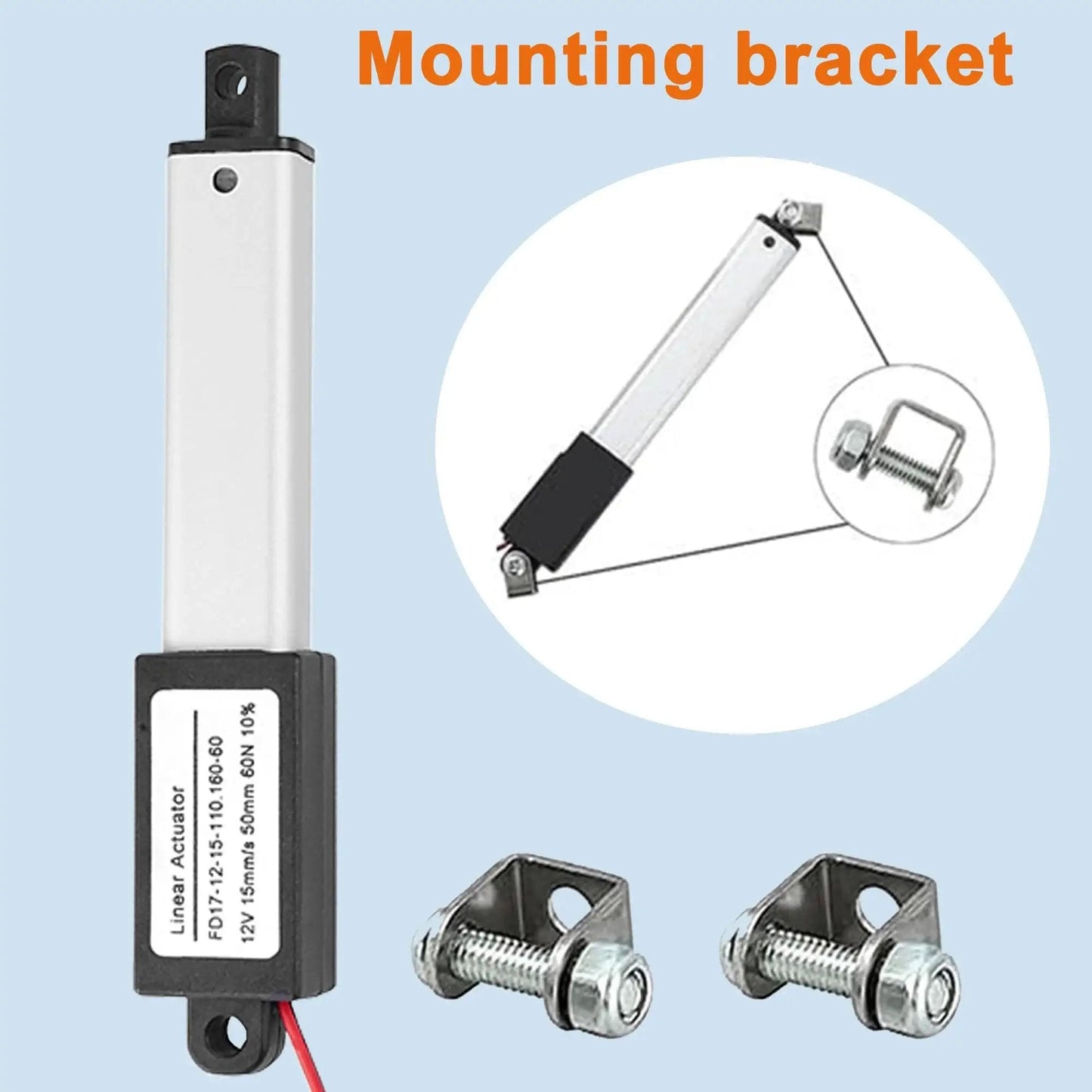 Mini Electric Linear Actuator AWINLI 12V 2 Inch Stroke, with mounting bracket and hardware, compact design, ideal for small devices.