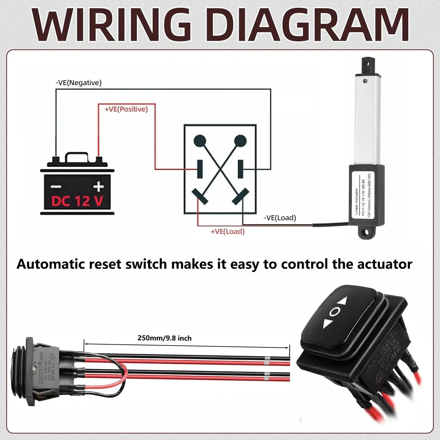 Wiring diagram for Mini Electric Linear Actuator AWINLI 12V 2 Inch Stroke with control switch and wiring connectors.