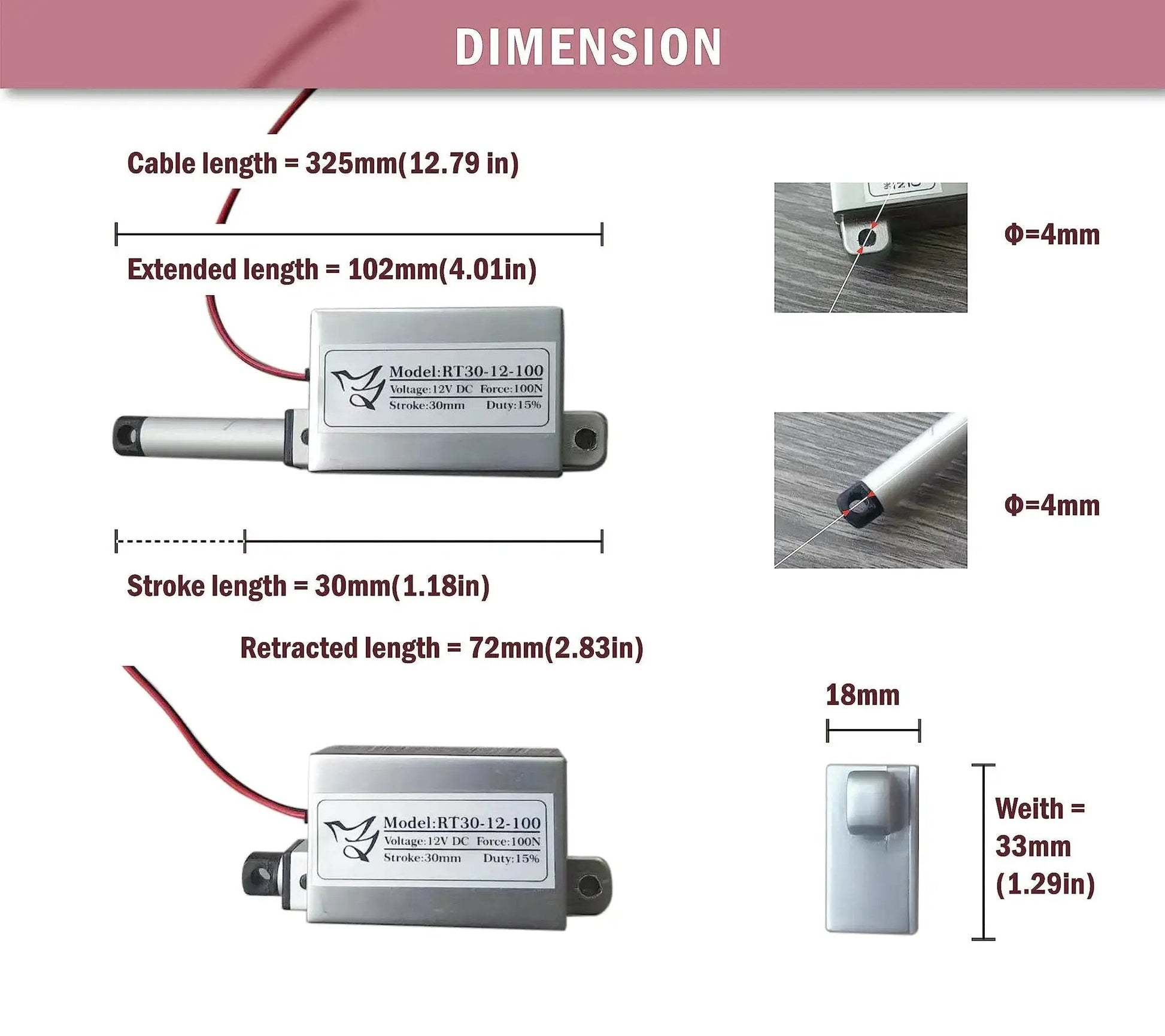 Dimensions of Mini Linear Actuator With 1.2 Inch Stroke And 22 Lb Thrust For Window Opener DIY Projects showing cable and stroke length.