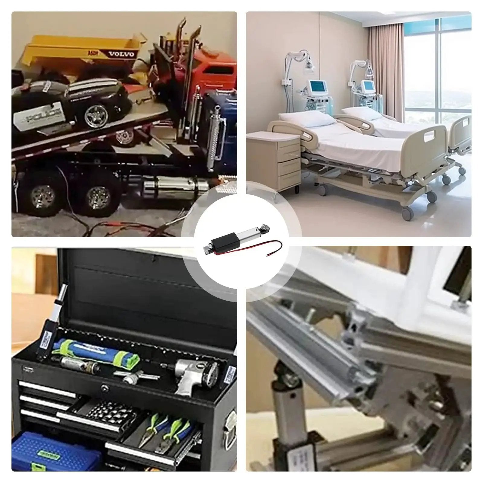 Compact 50mm 20N Mini Electric Linear Actuator in various applications including robotics, medical beds, toolboxes, and window openers.