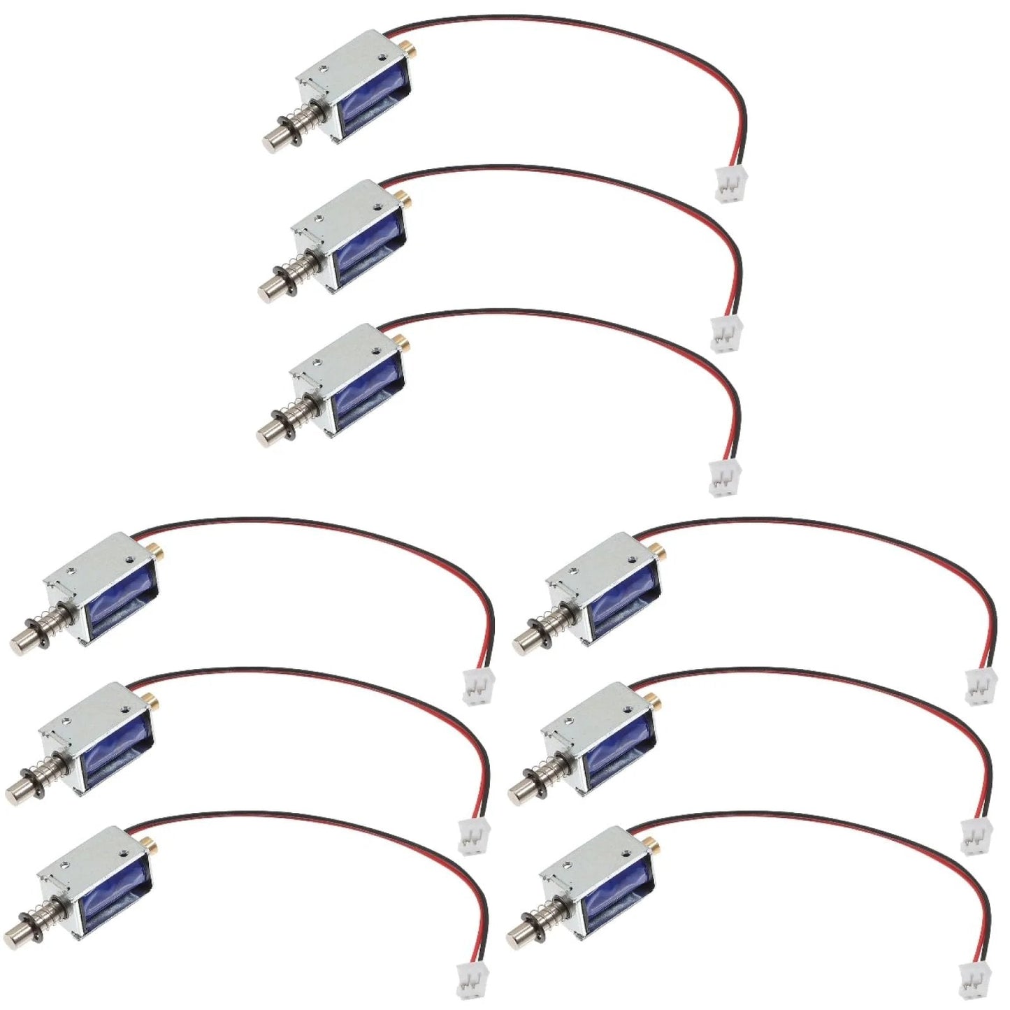 Mini Push Pull 12V Solenoid Electromagnet Open Frame Linear Actuator For Vending Machines And Industrial Projects With Plunger Spring Return, No Fuss Magnetic Actuation For Mechanical Applications, set of eight units.