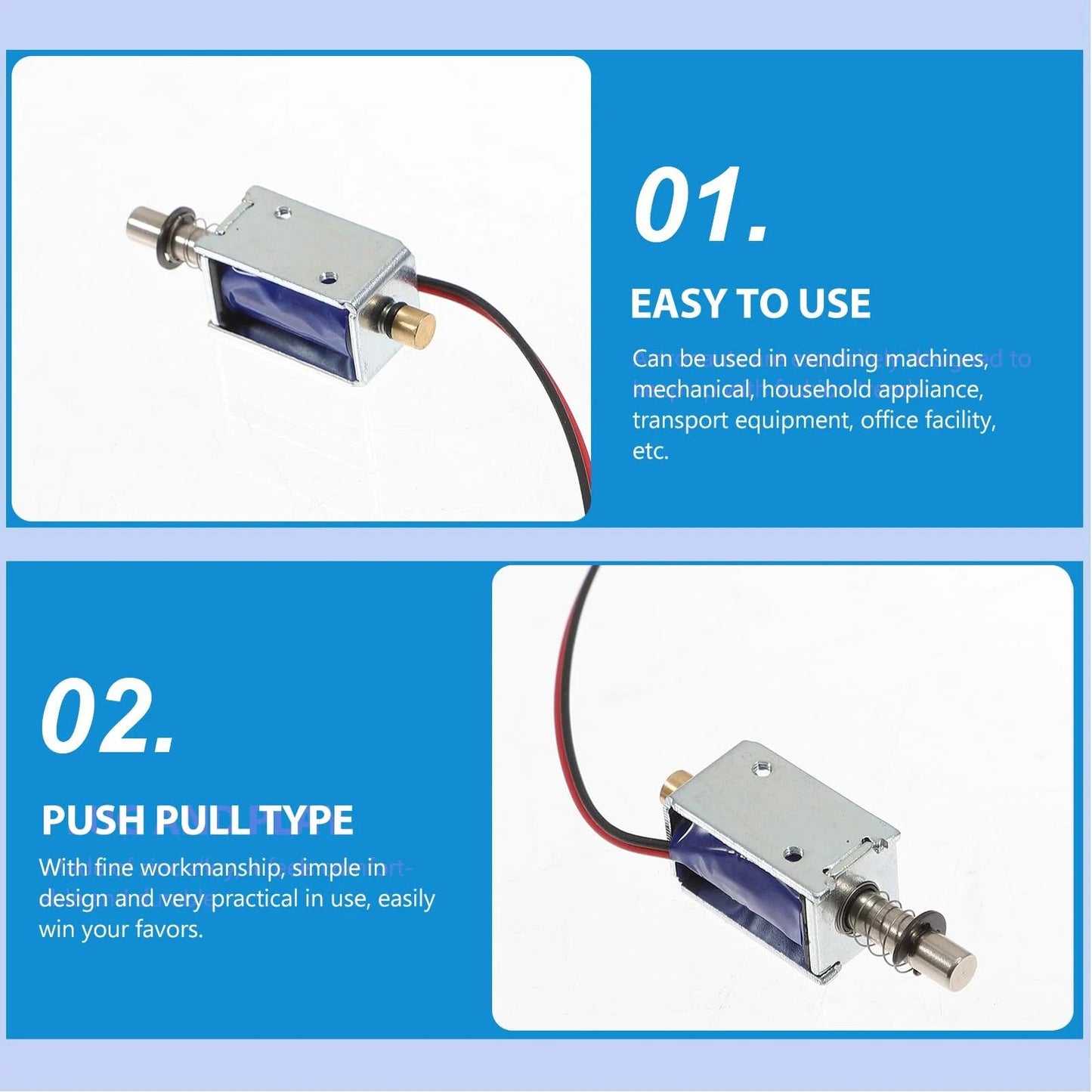 Mini Push Pull 12V Solenoid Electromagnet Open Frame Linear Actuator For Vending Machines And Industrial Projects With Plunger Spring Return, No Fuss Magnetic Actuation For Mechanical Applications side view with wires attached