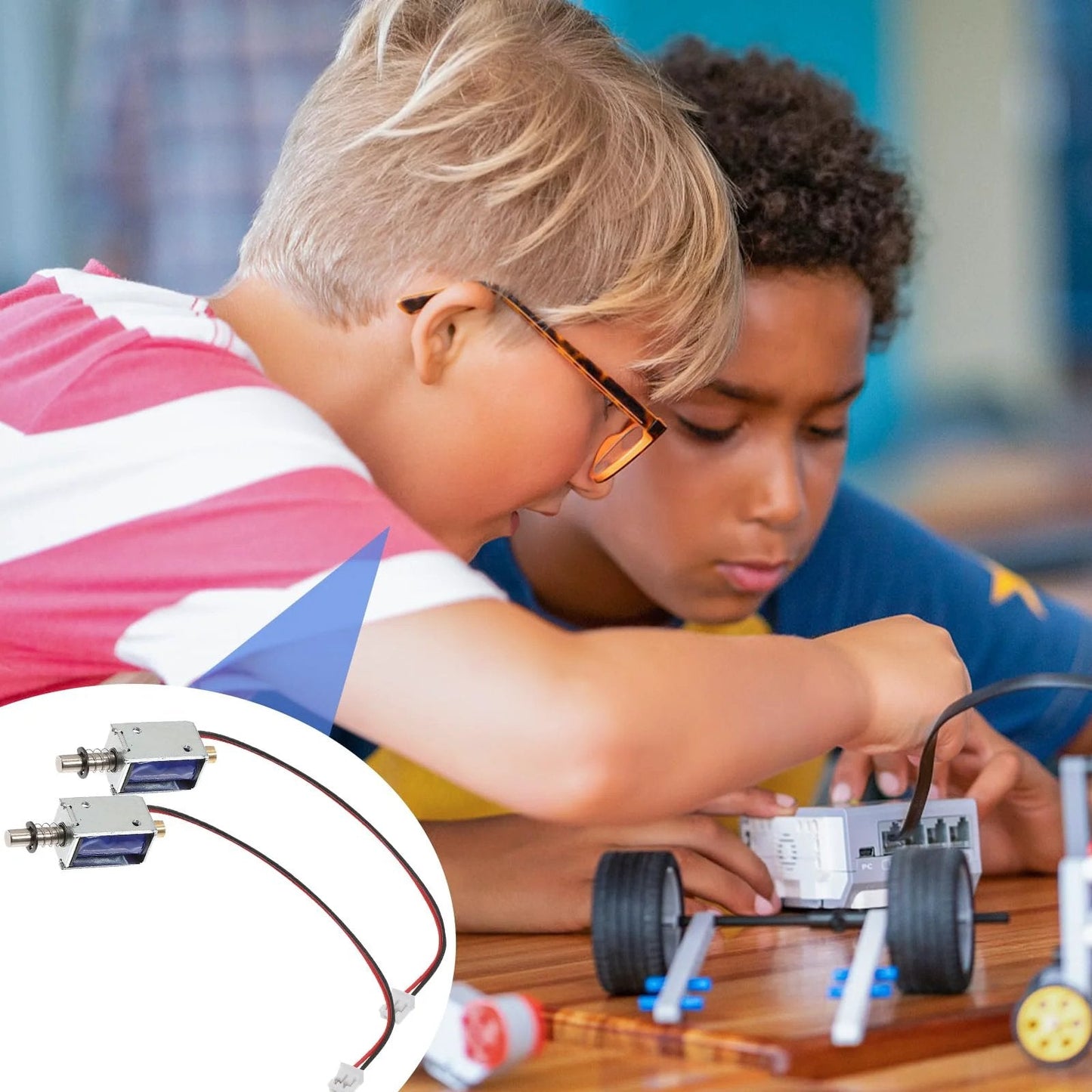 Two kids assembling a toy car using Mini Push Pull 12V Solenoid Electromagnet Open Frame Linear Actuator for Vending Machines And Industrial Projects With Plunger Spring Return.