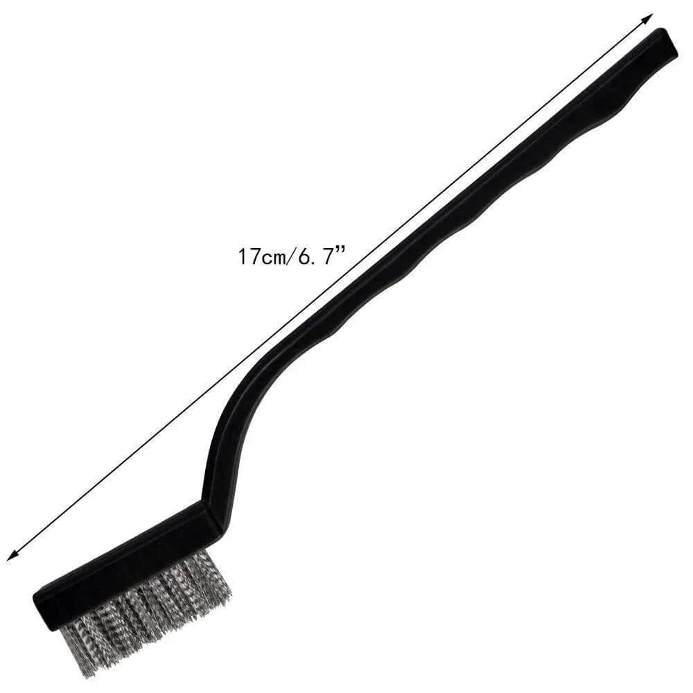 Close-up of a mini wire brush from the 15 Pcs Mini Stainless Steel Wire Brush Set for Cleaning Welding Slag Rust, showing curved handle and bristles