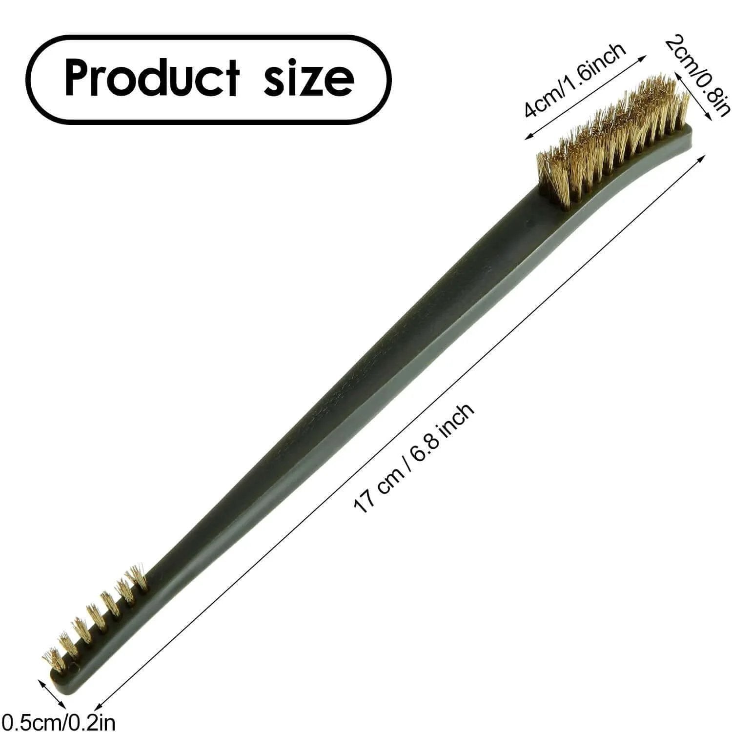 Close-up of a brass brush from the 9 Pieces Mini Wire Brush Set Rust Paint Metal Cleaner Steel, Nylon, Brass Brush Set with size dimensions.