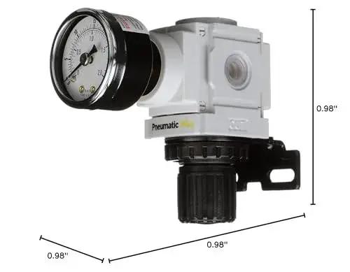 Compact Miniature Air Pressure Regulator With Gauge And Bracket One Quarter Inch NPT For Regulating 3 To 30 PSI Inlet 250 PSI 49 SCFM Flow Includes Gauge And Bracket PneumaticPlus PPR2 N02BG 2 Manufactured In Korea One Year Limited Warranty