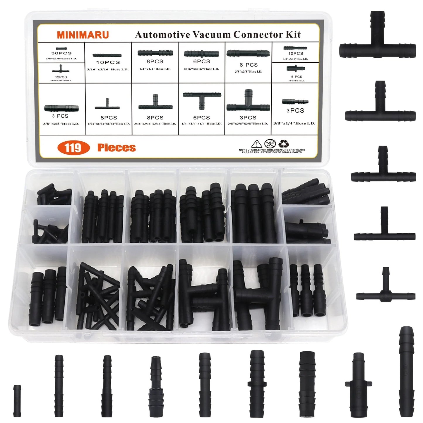 Heat Resistant Nylon Connector Kit For Automotive Vacuum Tubing MINIMARU 119 Pcs displayed in a clear storage box with black fittings.