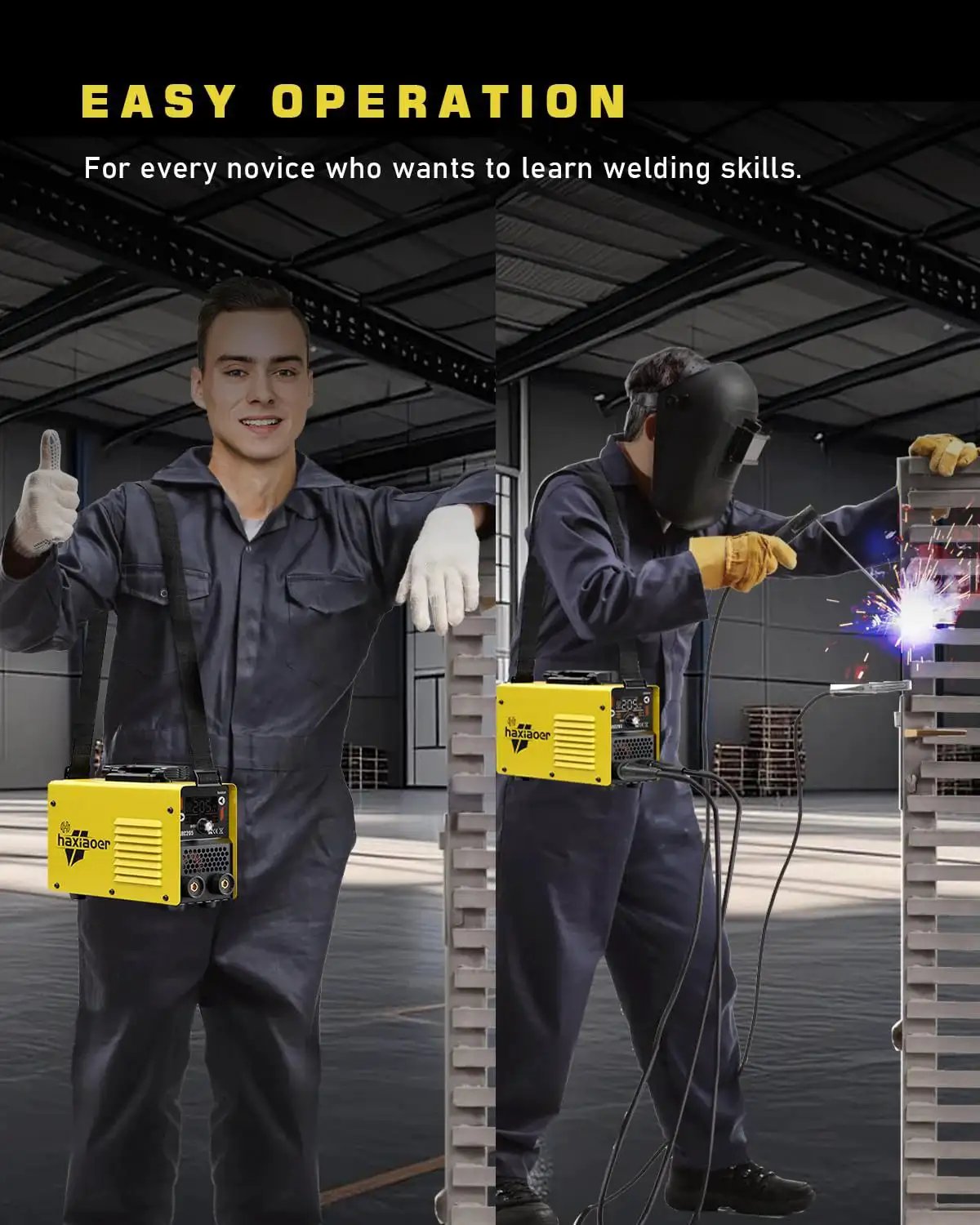 Beginner welder using 2 In 1 MMA Lift TIG Welder With Dual Voltage 110V 220V LCD Display Arc Force Hot Start VRD in workshop