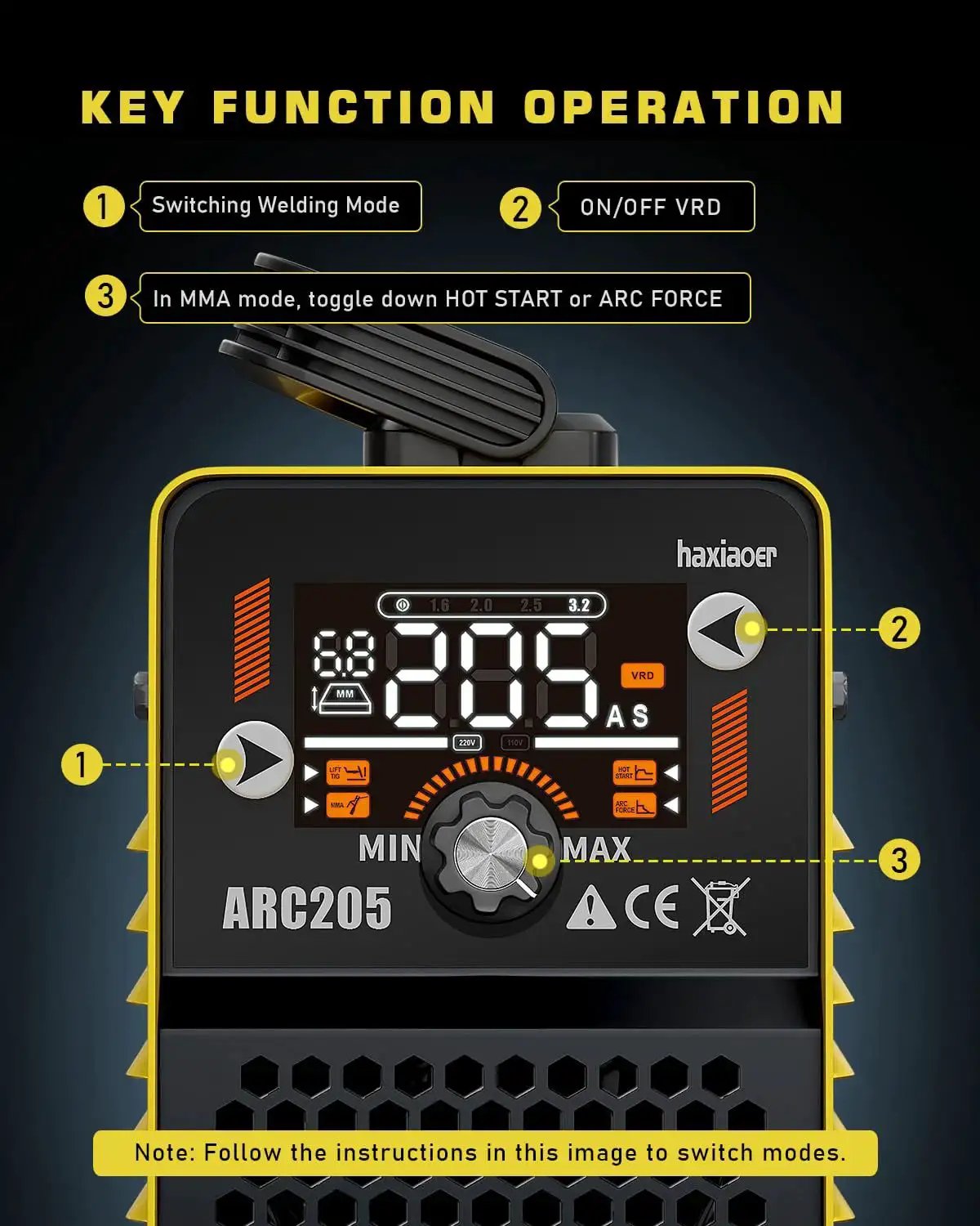 LCD display of 2 In 1 MMA Lift TIG Welder With Dual Voltage 110V 220V, showing key function operations and settings.