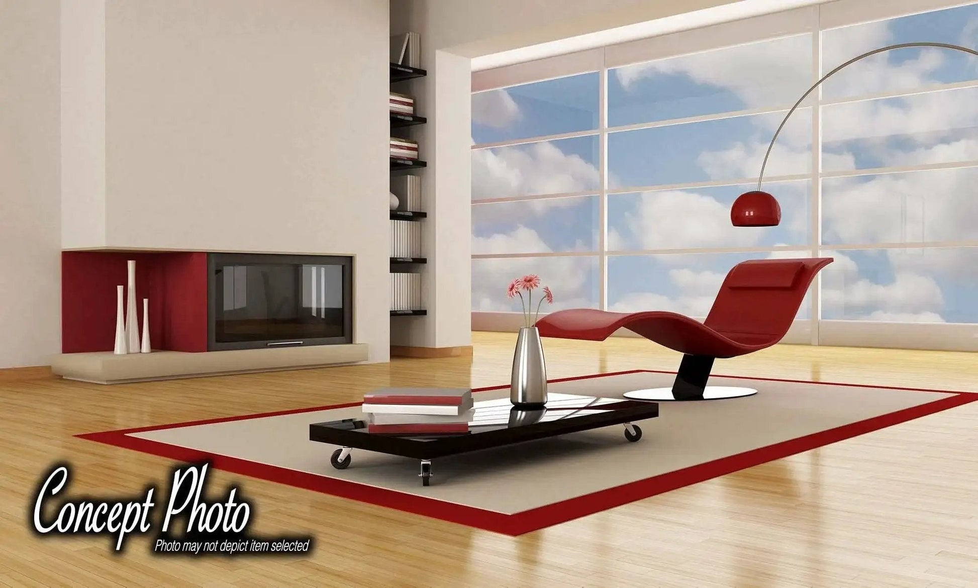 Modern living room with red chaise lounge, floor lamp, and coffee table on spacious wooden floor with large windows.