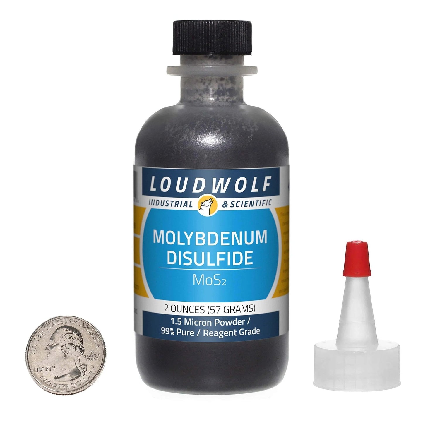 Heavy Duty Molybdenum Disulfide Powder MoS2 One And A Half Micron 99 Percent Pure Reagent Grade In A 2 Ounce Bottle For Superior Dry Lubrication On Metal Surfaces Bearings And Mechanisms Loudwolf bottle with coin and cap