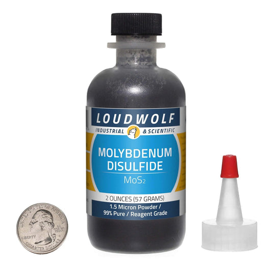 Heavy Duty Molybdenum Disulfide Powder MoS2 One And A Half Micron 99 Percent Pure Reagent Grade In A 2 Ounce Bottle For Superior Dry Lubrication On Metal Surfaces Bearings And Mechanisms Loudwolf bottle with coin and cap