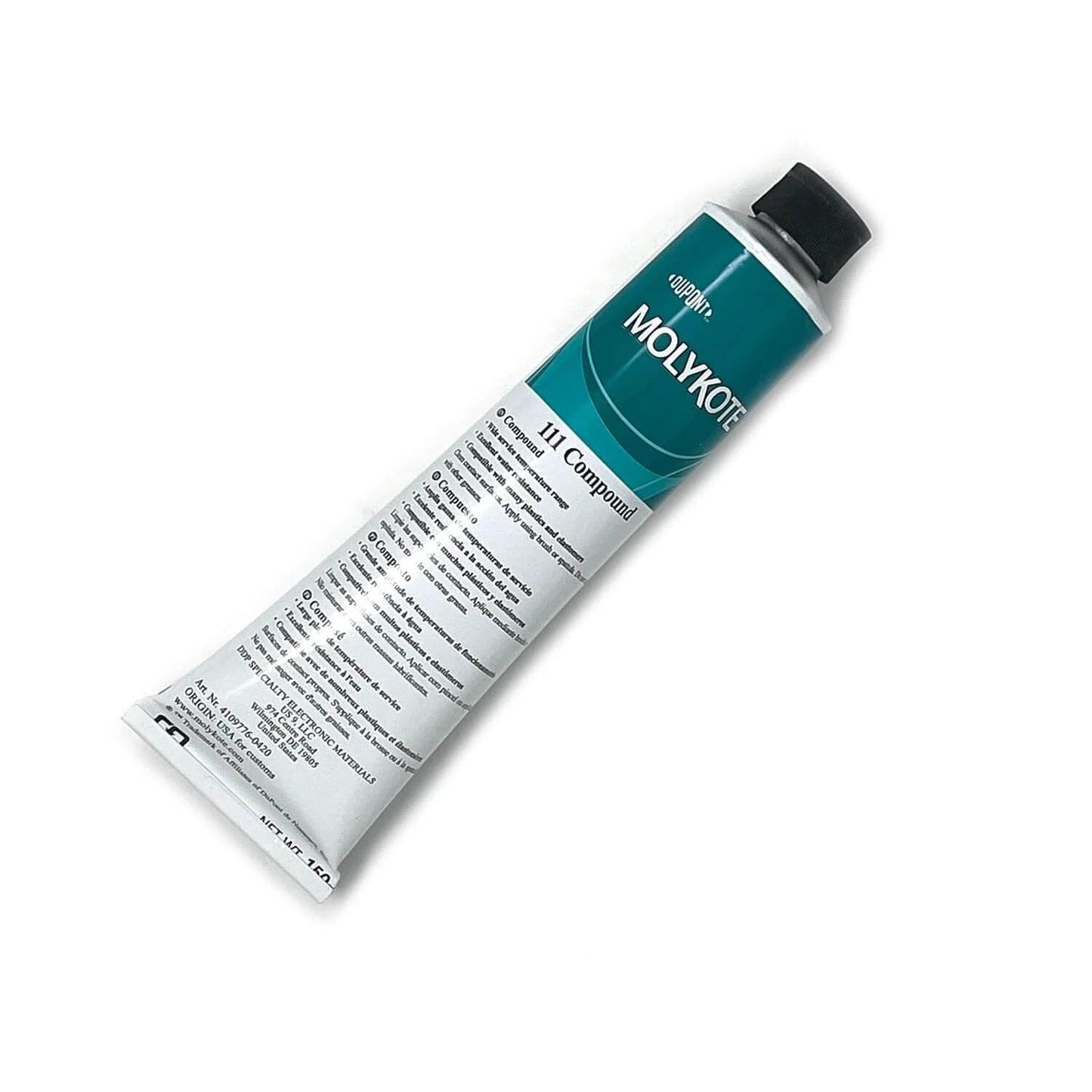 Molykote DOW 111 Lubricant & Sealant, 5.3 oz. Tube with green and white packaging on white background.