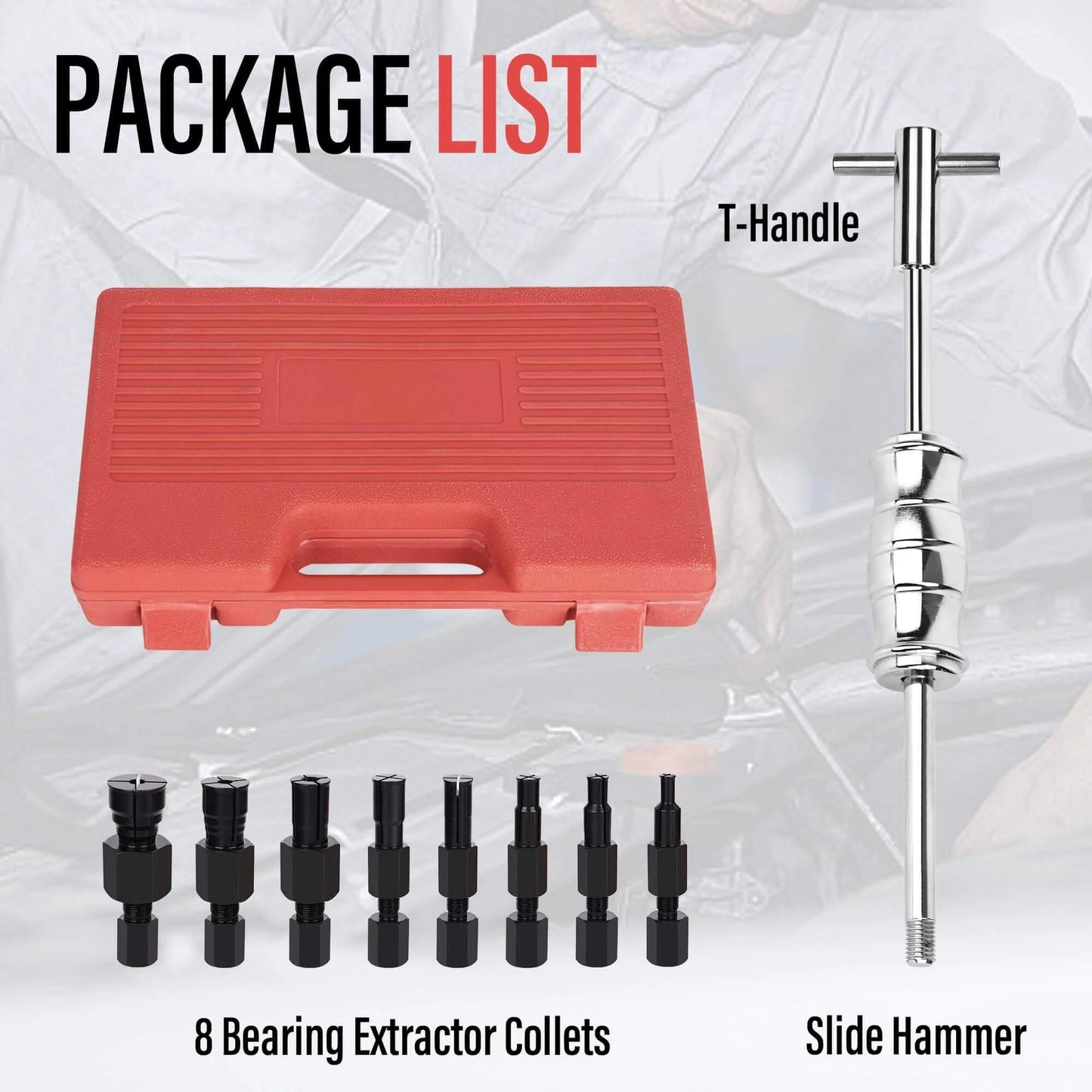 Motorcycle Blind Inner Bearing Puller Tool Kit with 8-32mm collets, slide hammer, T-handle, and carrying case, 9 pcs extractor kit