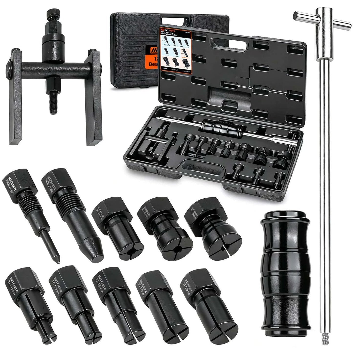 12pcs Motorcycle Blind Hole Collet Bearing Puller Set with tools and expandable collets 8-32mm, slide hammer, and carrying case