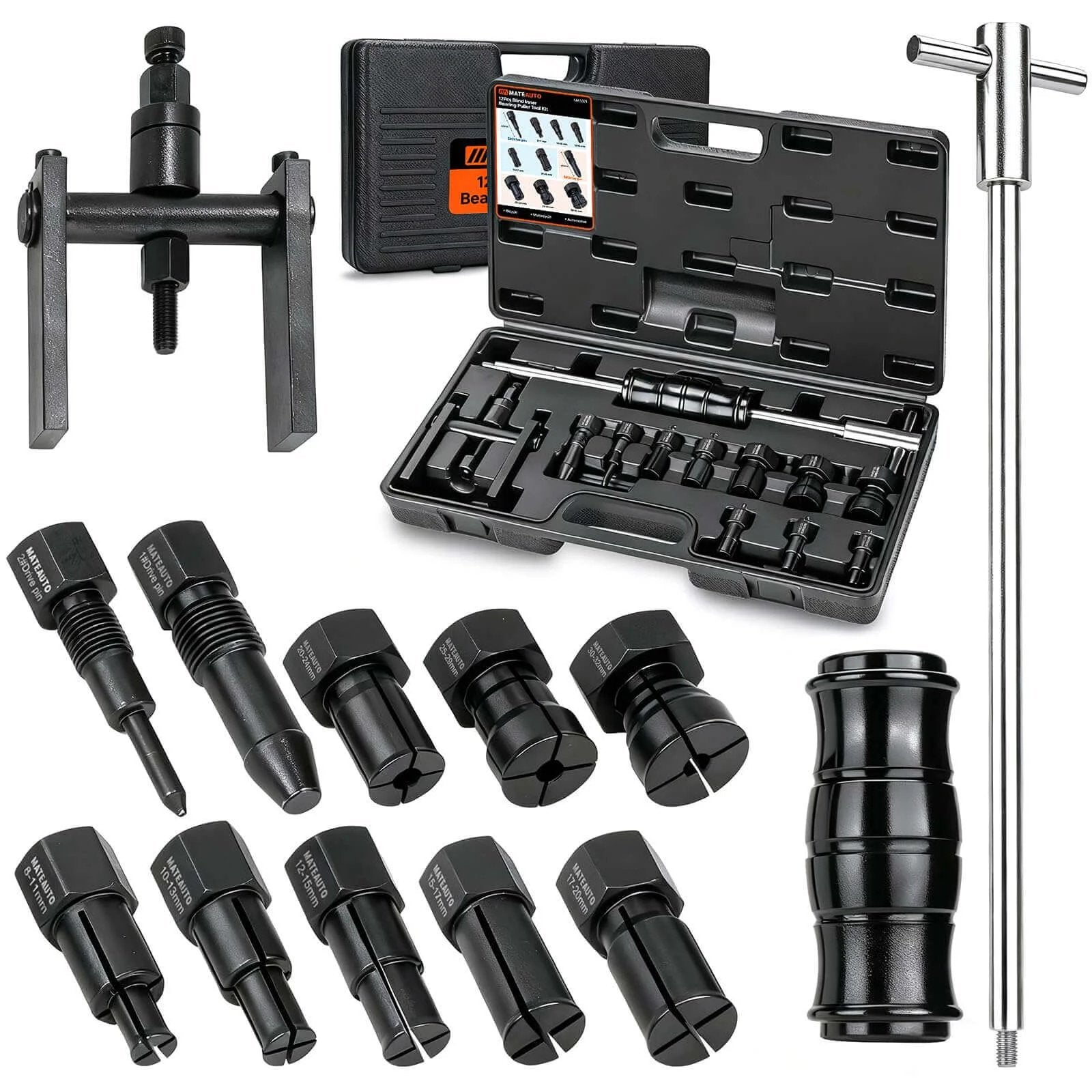 12pcs Motorcycle Blind Hole Collet Bearing Puller Set with tools and expandable collets 8-32mm, slide hammer, and carrying case