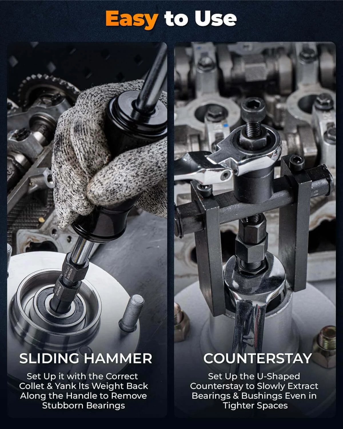 12pcs Motorcycle Blind Hole Collet Bearing Puller Set with slide hammer and counterstay tools in use on engine bearings