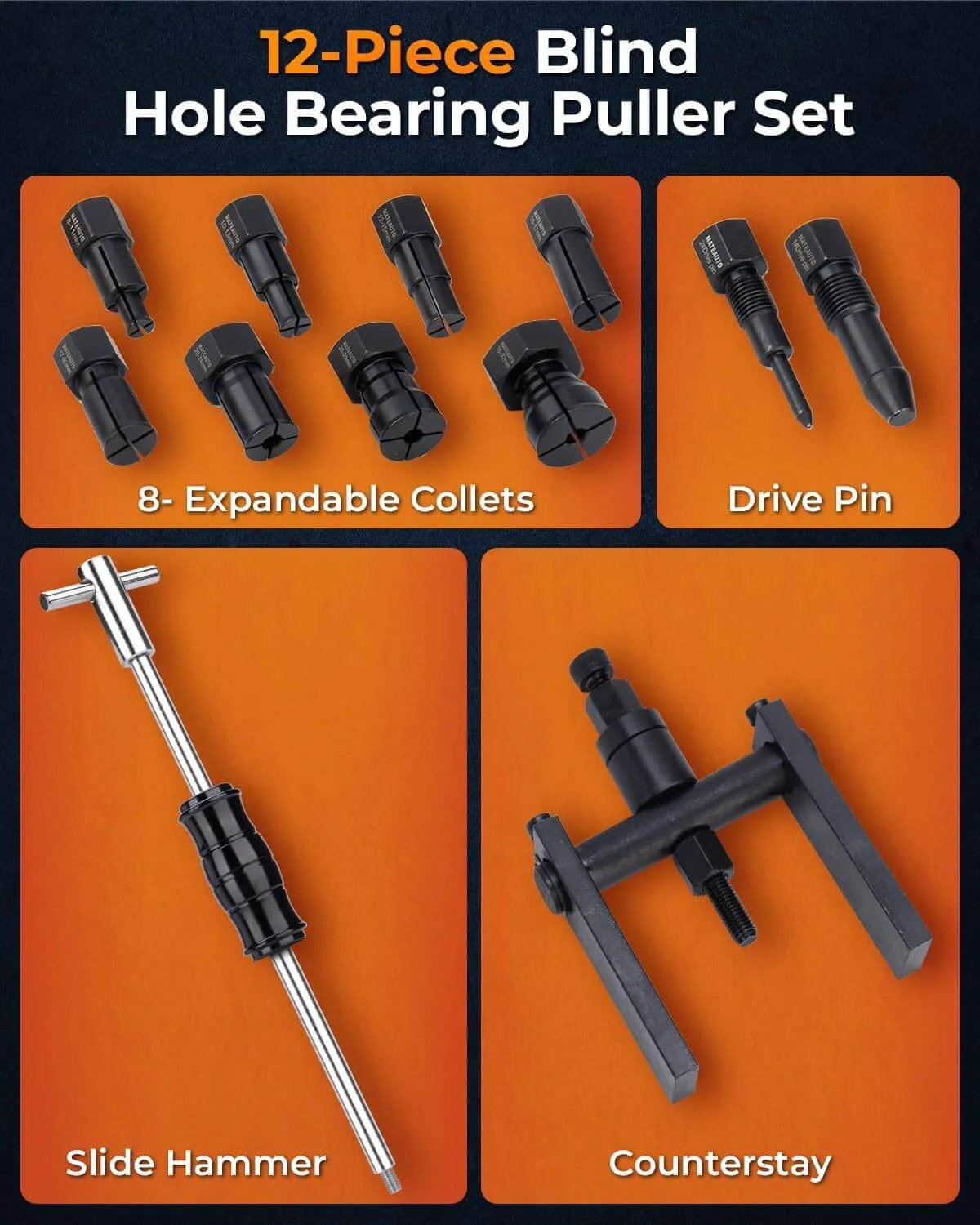 12pcs Motorcycle Blind Hole Collet Bearing Puller Set with Slide Hammer, Expandable Collets, Drive Pin, and Counterstay displayed.