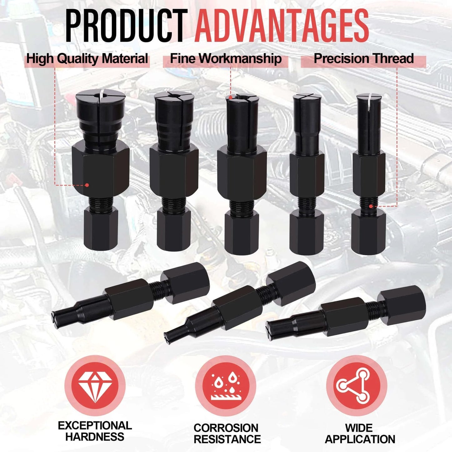 Motorcycle Blind Inner Bearing Puller Tool Kit with 8-32mm Collets, slide hammer, and advantages like precision threading and durability.