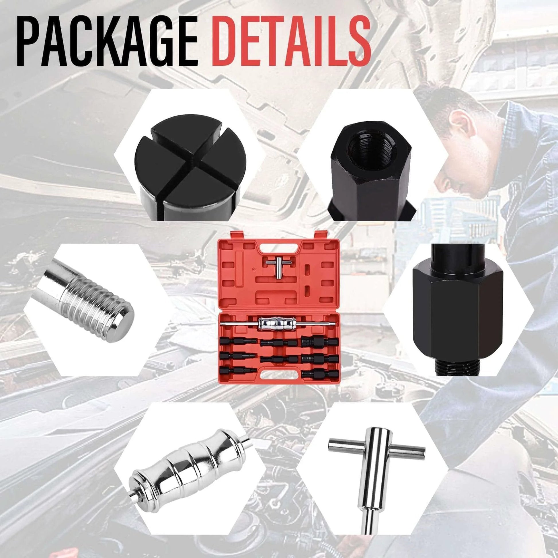 Motorcycle Blind Inner Bearing Puller Tool Kit with 8-32mm collets, slide hammer, and red case, 9 pcs inner bearing extractor kit