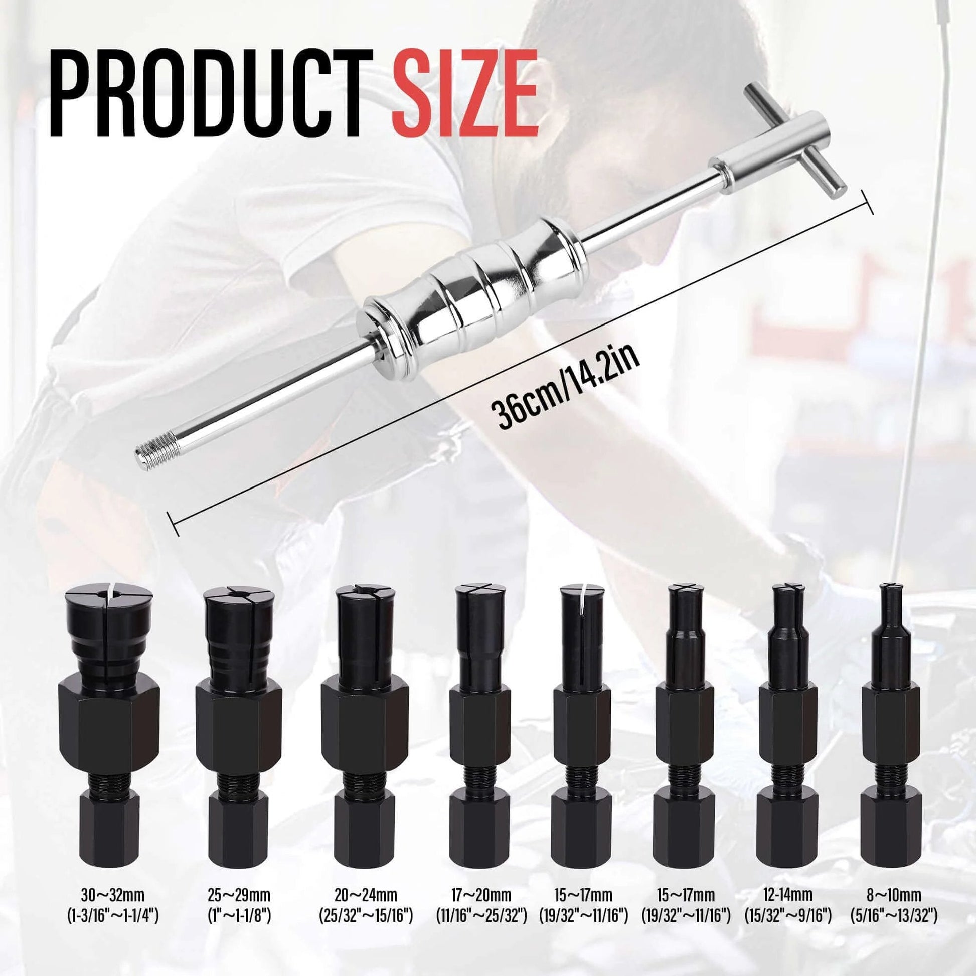 Motorcycle Blind Inner Bearing Puller Tool Kit with slide hammer and 8-32mm collets, showing product size and components.