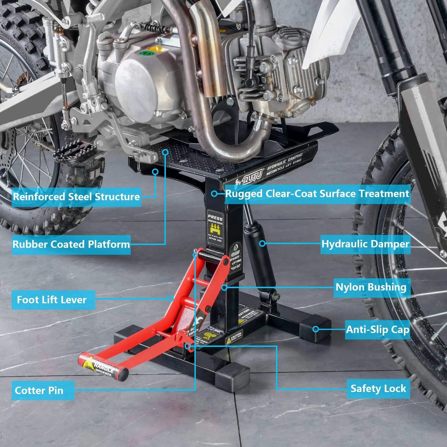 Side view of Heavy Duty Hydraulic Motorcycle Lift Stand With 1000 Lbs Capacity, Durable Steel Maintenance Hoist For Dirt Bikes And Snowmobiles.