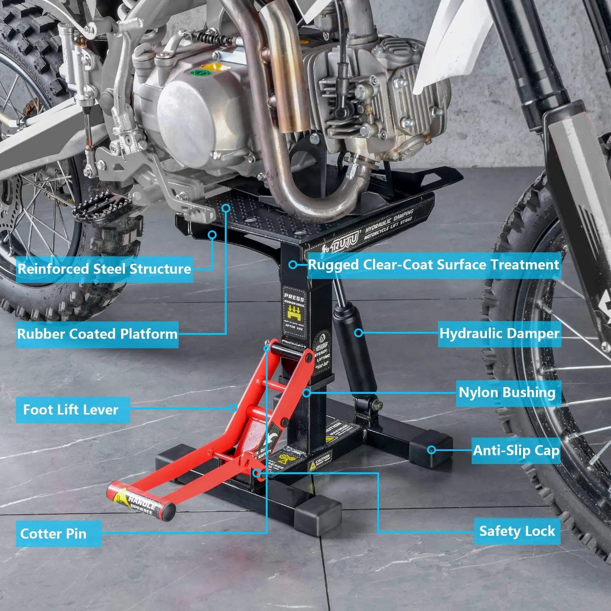 Side view of Heavy Duty Hydraulic Motorcycle Lift Stand With 1000 Lbs Capacity, Durable Steel Maintenance Hoist For Dirt Bikes And Snowmobiles.