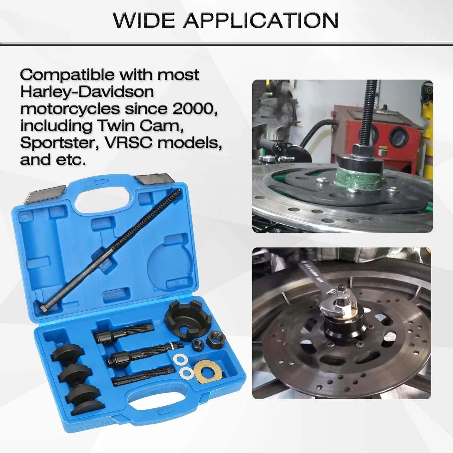 Wheel Bearing Puller Removal Motorcycle Tool Kit for Harley Davidson displayed with case and installation images