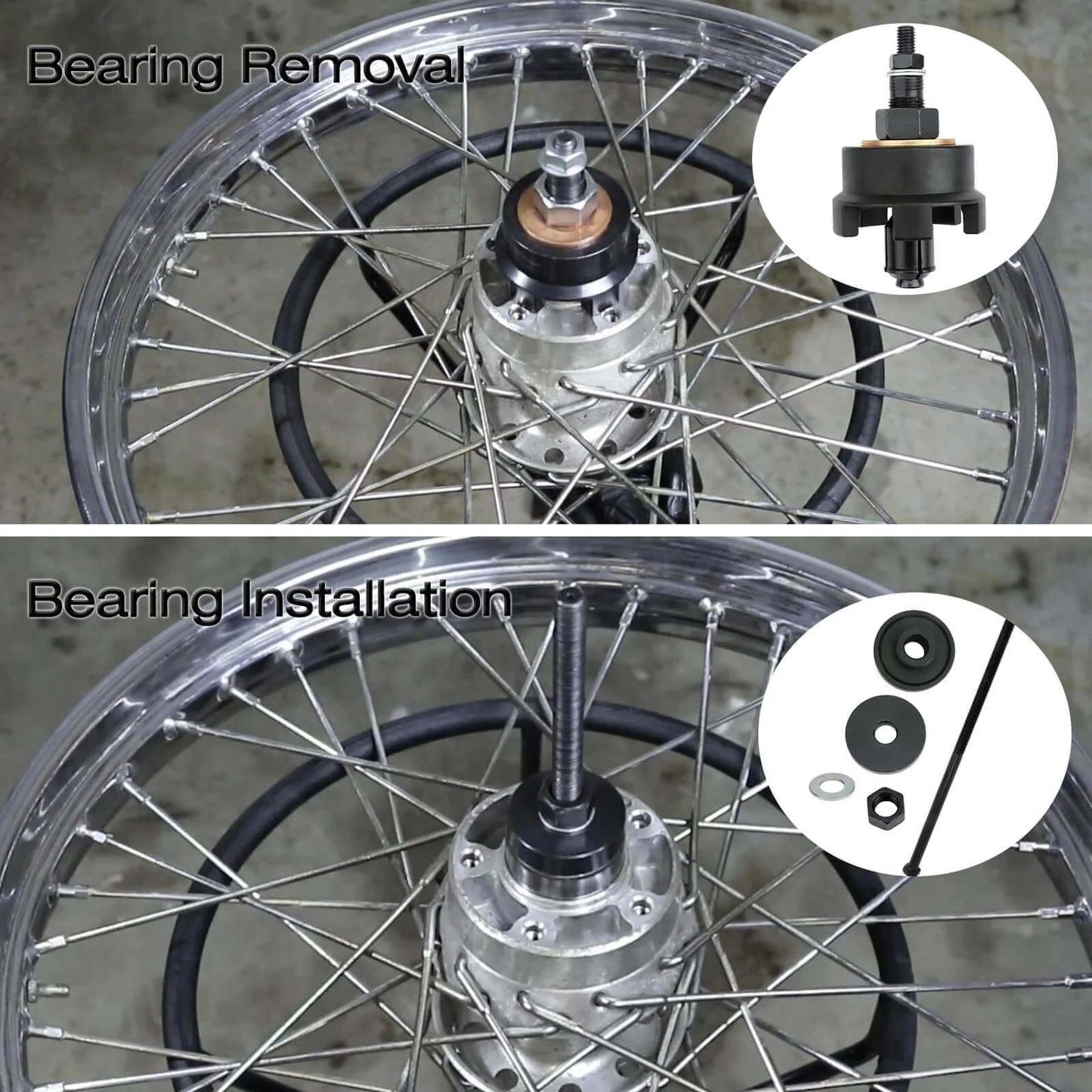 Wheel Bearing Puller Removal Motorcycle Tool Kit for Harley Davidson, displayed in bearing removal and installation process on wheels