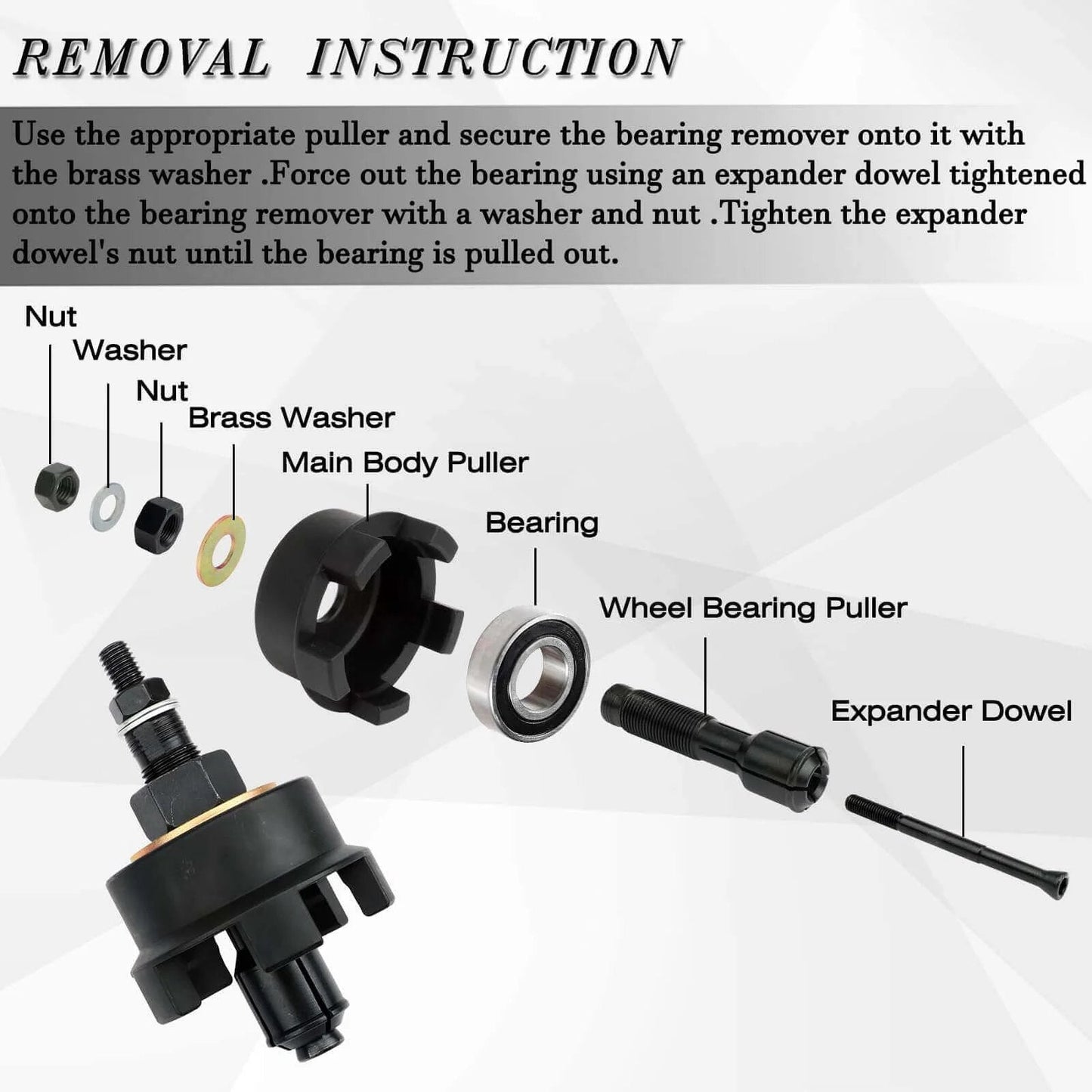 Exploded view of a Wheel Bearing Puller Removal Motorcycle Tool Kit for Harley Davidson with labeled parts and instructions.
