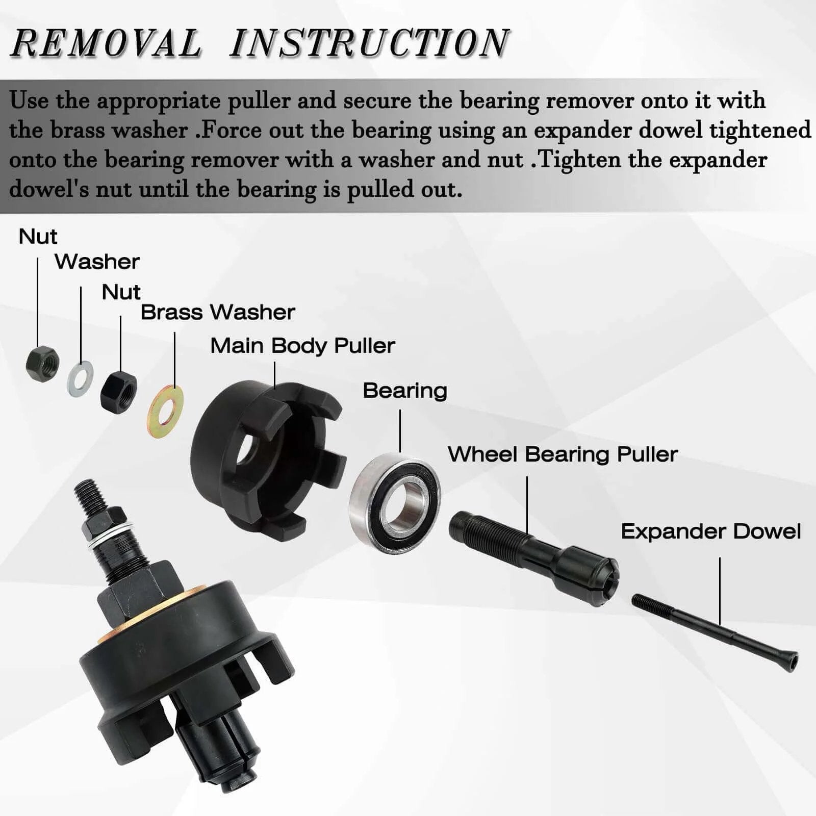 Exploded view of a Wheel Bearing Puller Removal Motorcycle Tool Kit for Harley Davidson with labeled parts and instructions.