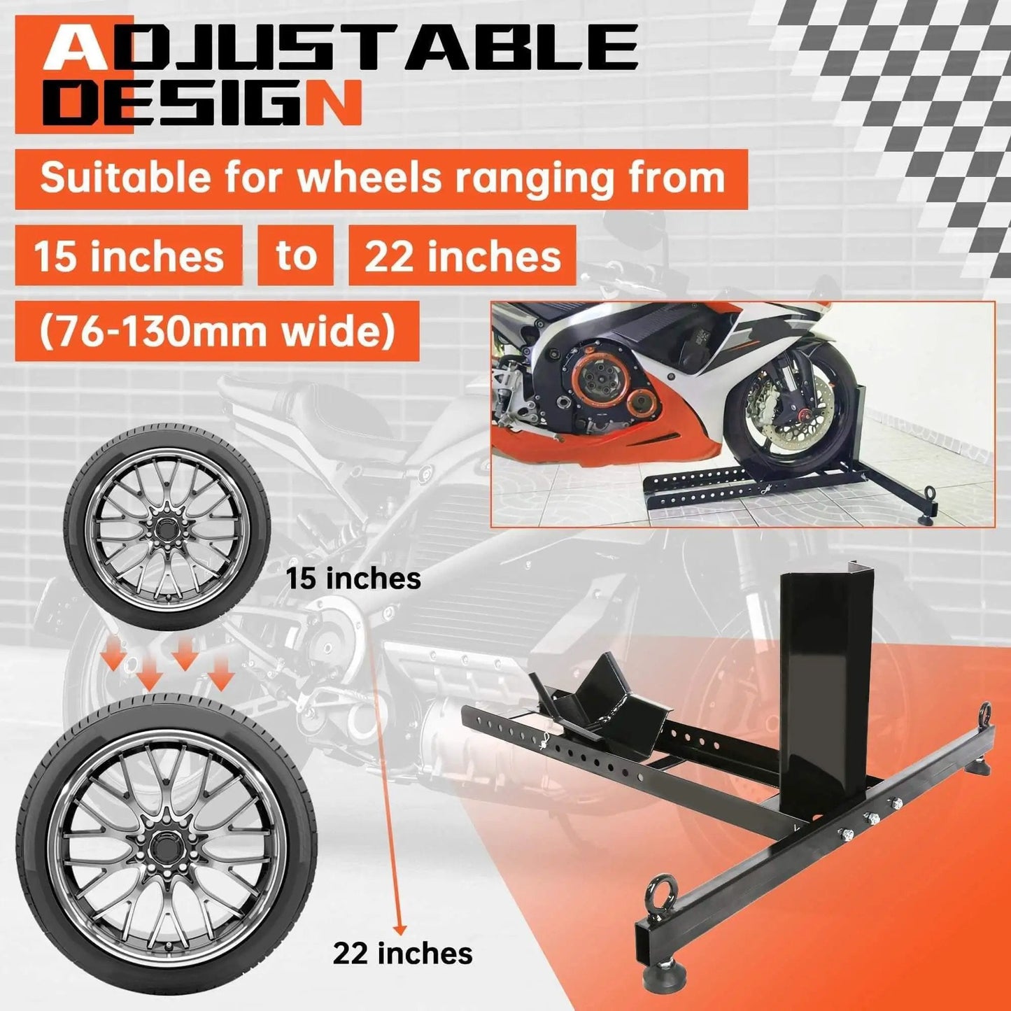 Heavy Duty Motorcycle Wheel Chock Stand With Beefed-Up 1800 Pound Capacity, Adjustable Front Tire Stand For Trailer Garage