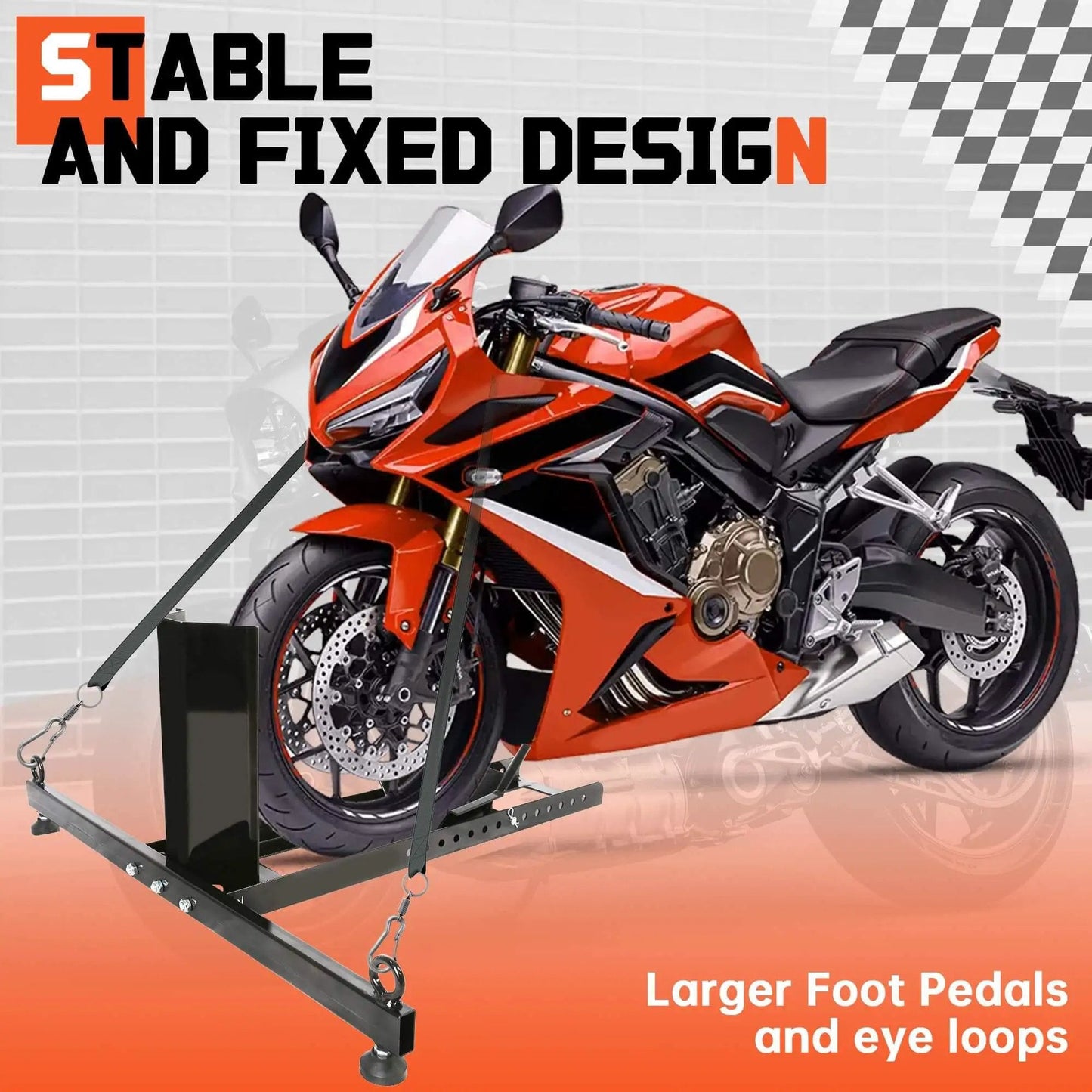 Heavy Duty Motorcycle Wheel Chock Stand With Beefed-Up 1800 Pound Capacity shown with motorcycle for stability