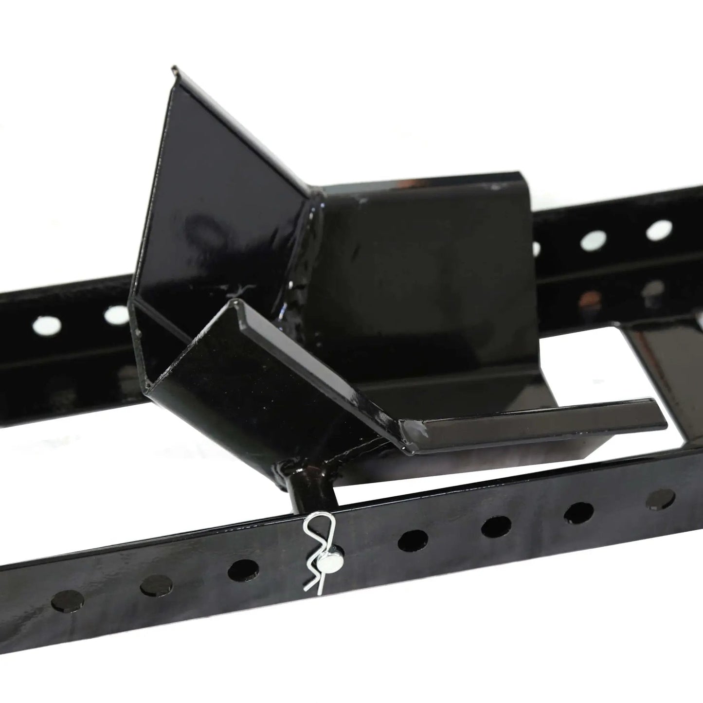 Close-up of a black Heavy Duty Motorcycle Wheel Chock Stand With Beefed-Up 1800 Pound Capacity, Adjustable Front Tire Stand.