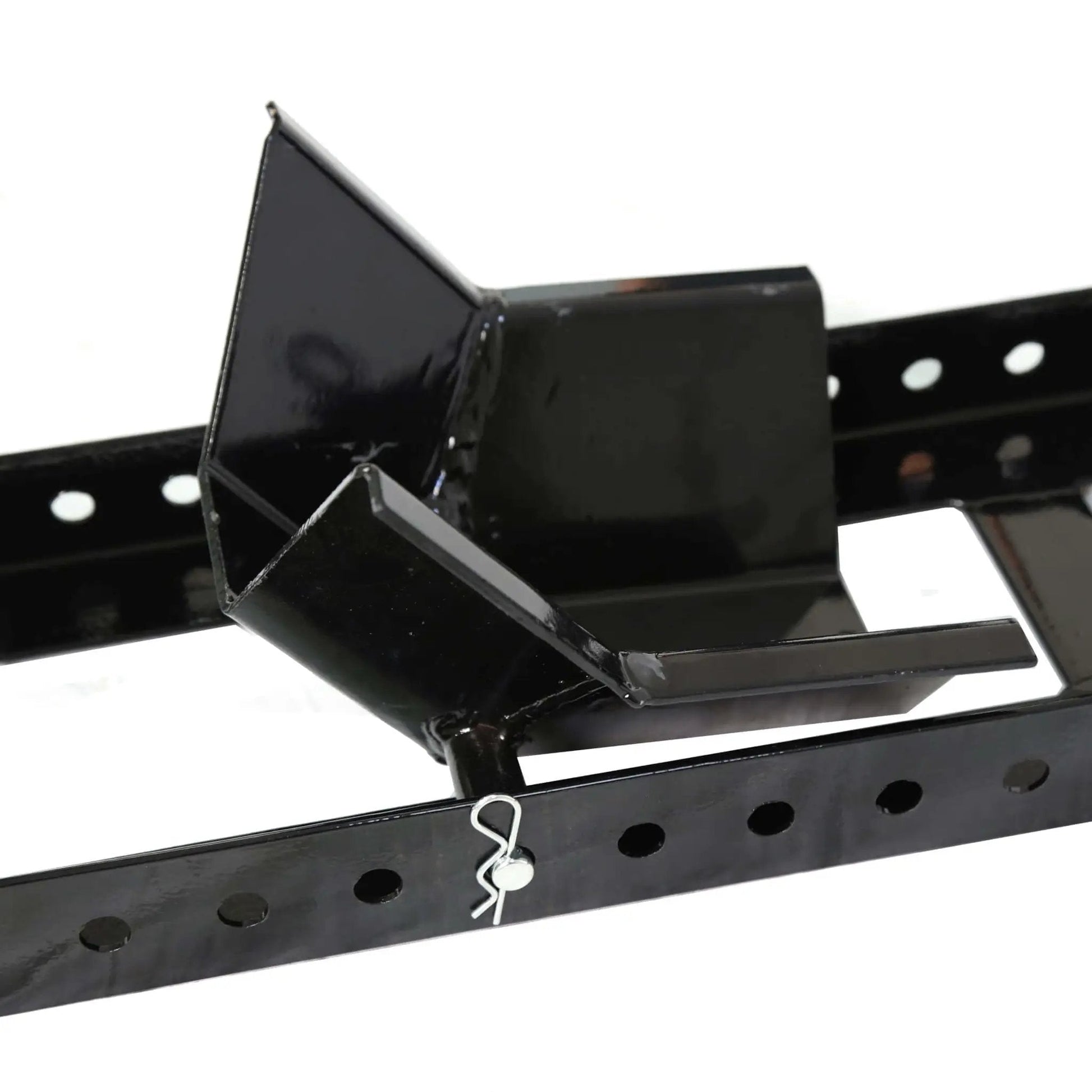 Close-up of a black Heavy Duty Motorcycle Wheel Chock Stand With Beefed-Up 1800 Pound Capacity, Adjustable Front Tire Stand.