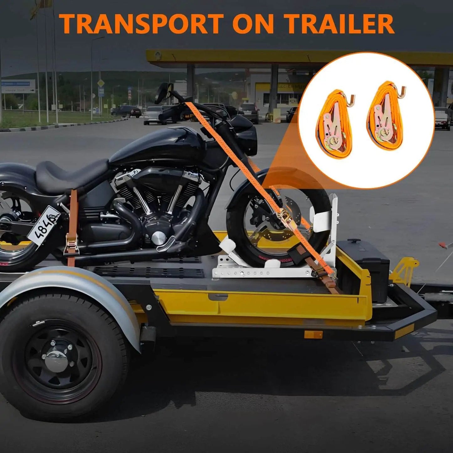 Heavy Duty Stainless Steel Motorcycle Wheel Chock Stand With Anti Rust Finish 3000 Lbs Load Capacity Universal Front Tire Stand For Motorcycles And Dirt Bikes Trailer Wheel Chocks Silver securing a motorcycle on a trailer.