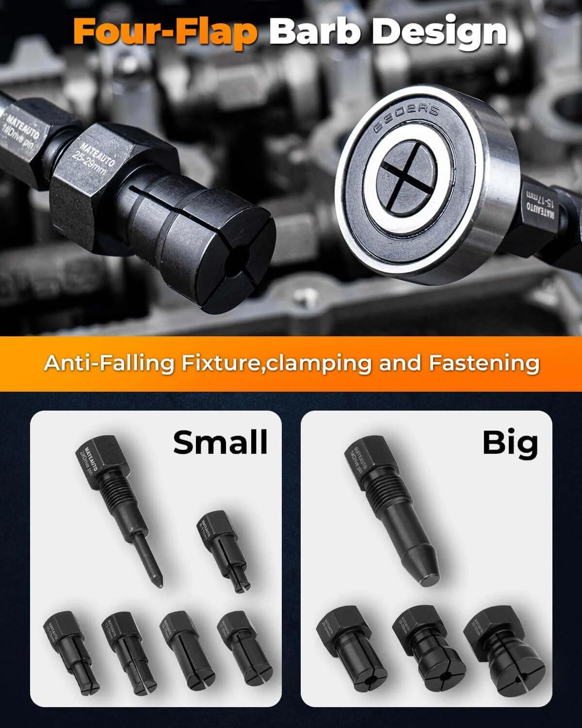 12pcs Motorcycle Blind Hole Collet Bearing Puller Set, showing four-flap barb design, anti-falling fixture, clamping, and fastening features.