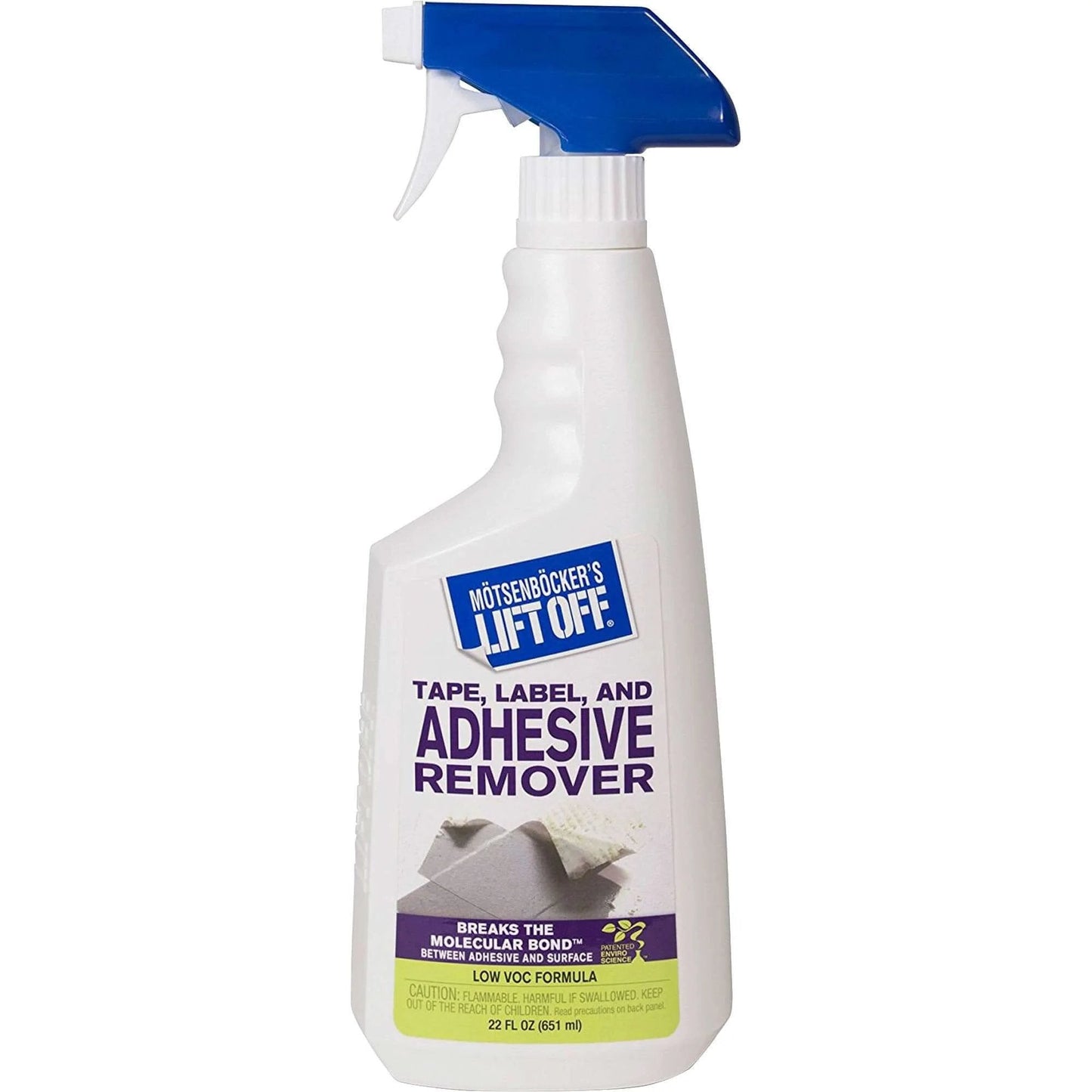 Motsenbocker's Lift Off 40701 Tape, Label, and Adhesive Remover Spray Bottle, 22 Fl Oz, front view with blue trigger nozzle.