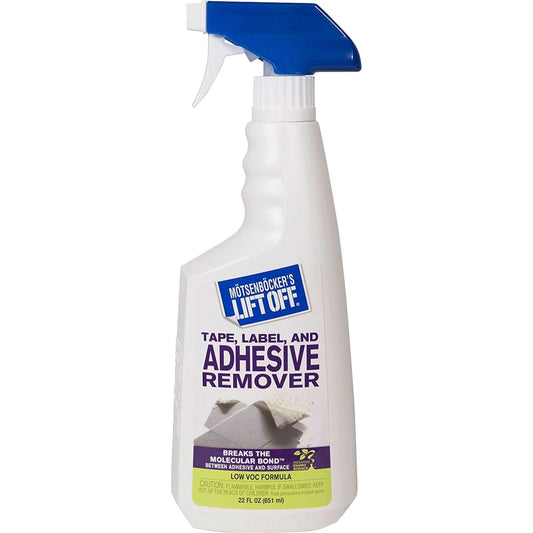 Motsenbocker's Lift Off 40701 Tape, Label, and Adhesive Remover Spray Bottle, 22 Fl Oz, front view with blue trigger nozzle.