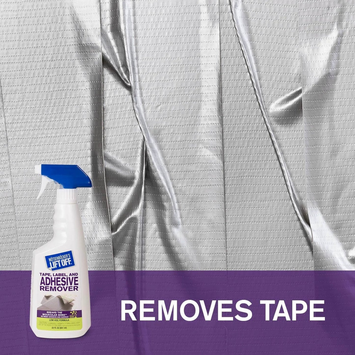 Motsenbocker's Lift Off 40701 Tape, Label, and Adhesive Remover bottle beside adhesive tape, 22 Fl Oz, Pack of 1