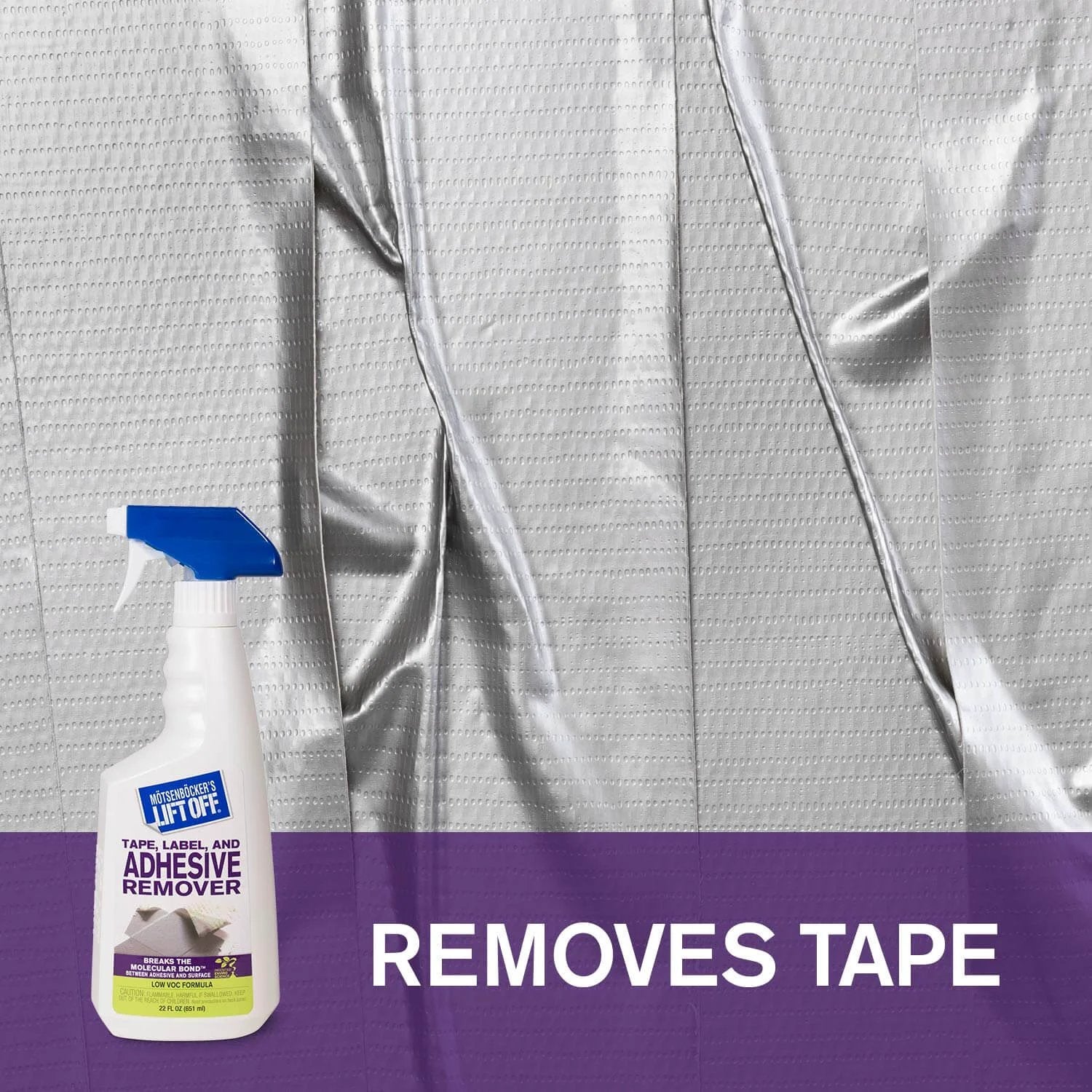 Motsenbocker's Lift Off 40701 Tape, Label, and Adhesive Remover bottle beside adhesive tape, 22 Fl Oz, Pack of 1