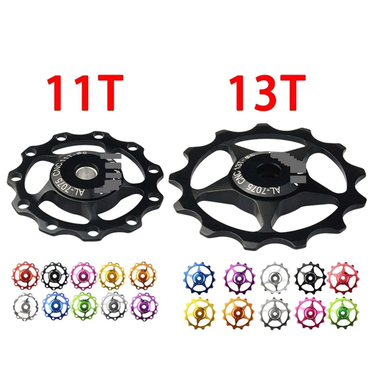 Pulley Mountain Road Bike Bicycle Rear Derailleur Pulley Roller Idler Bearing Riding Wheel Parts ( Color : 13T Blue ), shown next to 11T gears in various colors.