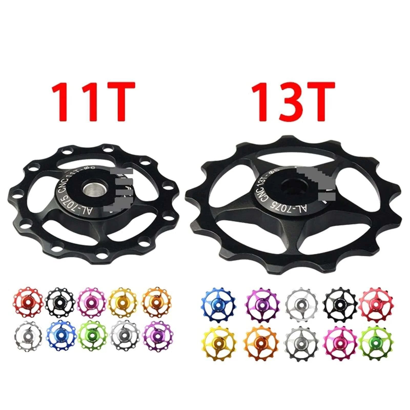 Pulley Mountain Road Bike Bicycle Rear Derailleur Pulley Roller Idler Bearing Riding Wheel Parts ( Color : 13T Blue ), shown next to 11T gears in various colors.