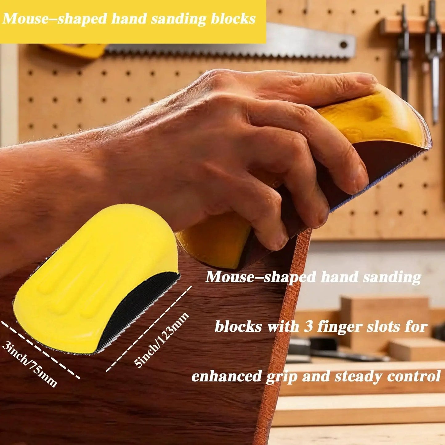 Mouse-shaped hand sanding block in use, part of 5 Inch Hook And Loop Sanding Discs Set 50 Pcs For Wet Dry Polishing