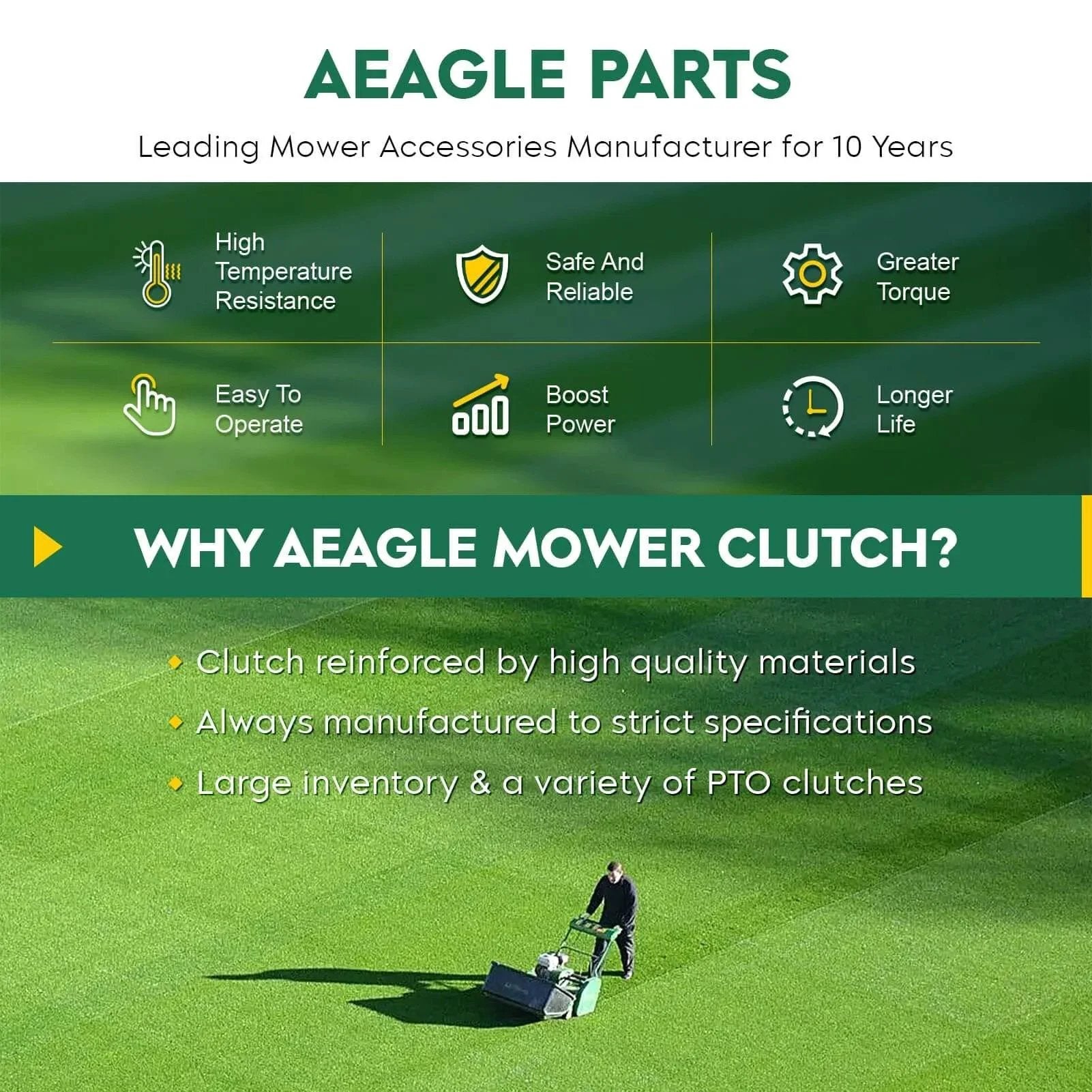 Infographic for Aeagle Parts showcasing benefits of their PTO Clutches like reliability and torque with image of lawn mower in use.